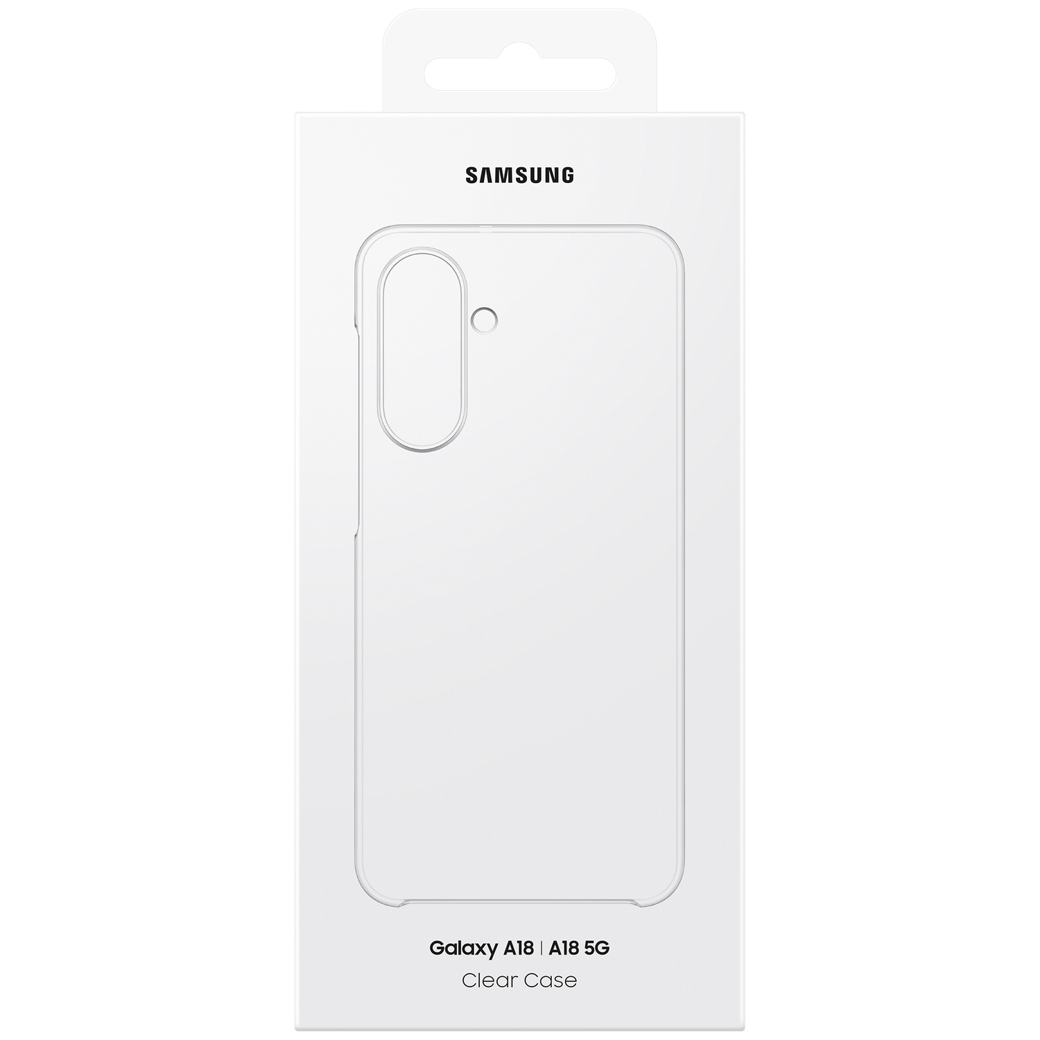Emballage de produit Samsung blanc pour coque transparente Galaxy A18 avec logo et texte.