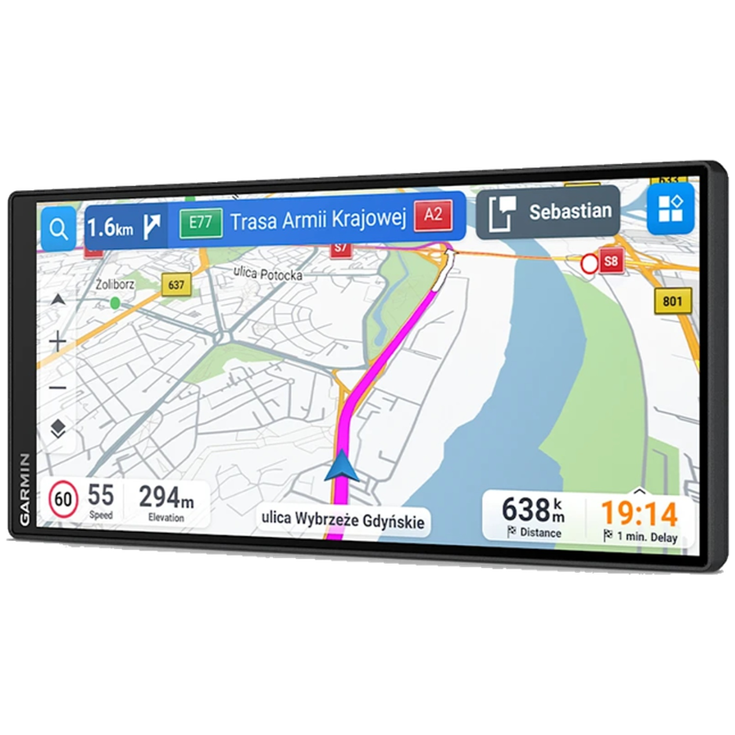 Garmin GPS device displaying a detailed street map, route guidance, distance, and speed information.