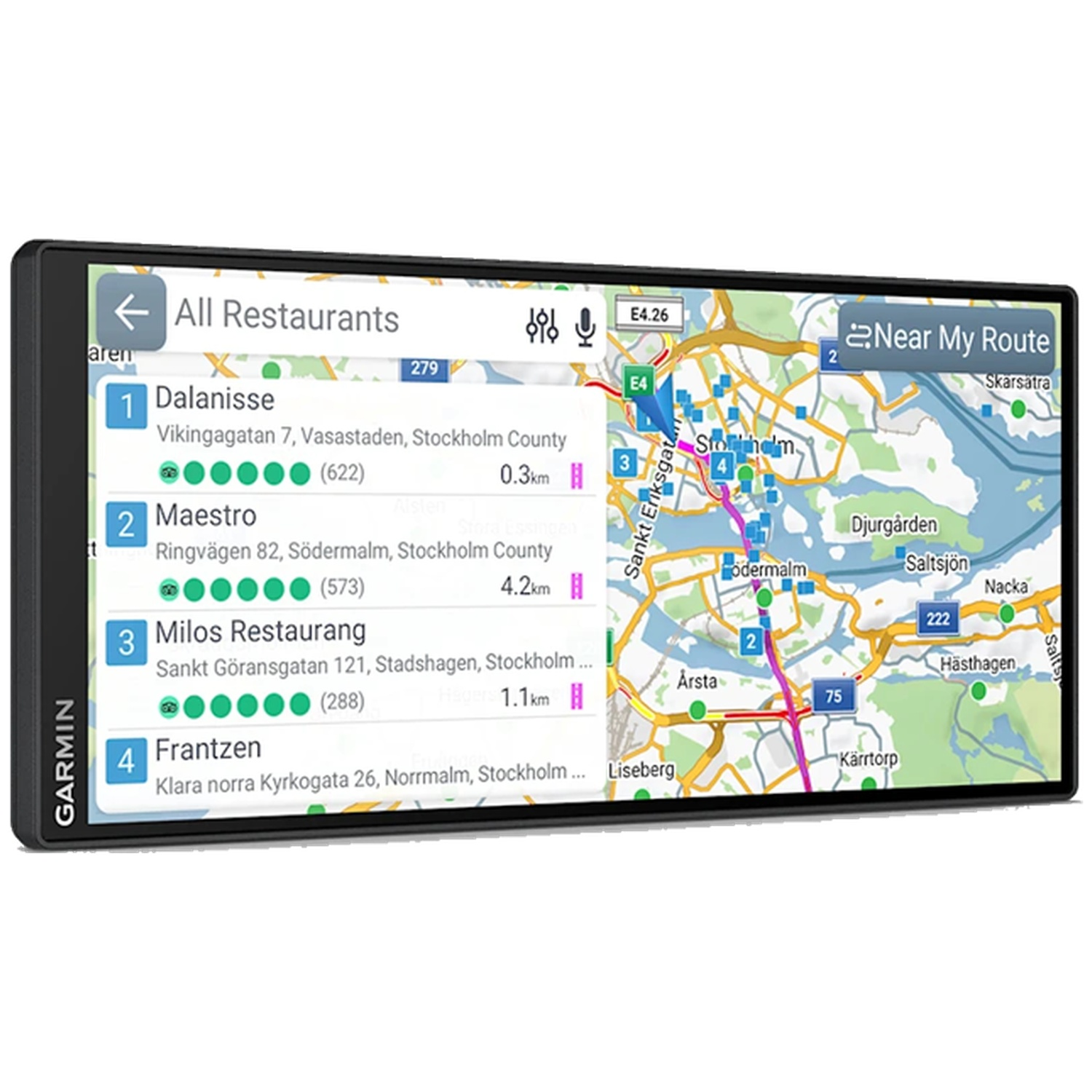 Garmin GPS device showing a map of Stockholm with a restaurant list on the left screen side.