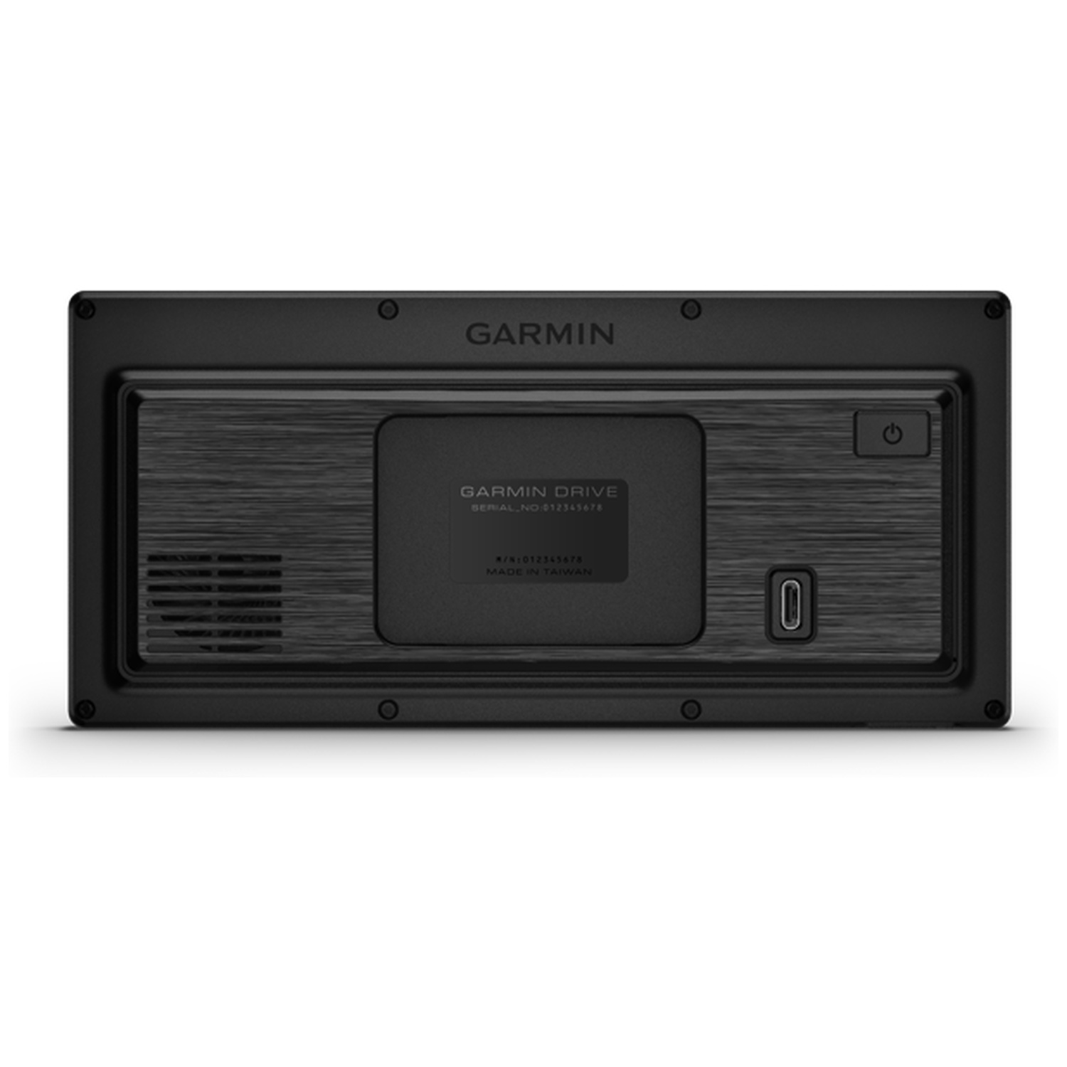 Rear view of a Garmin Drive device showing a USB-C port, power button, and speaker grille.