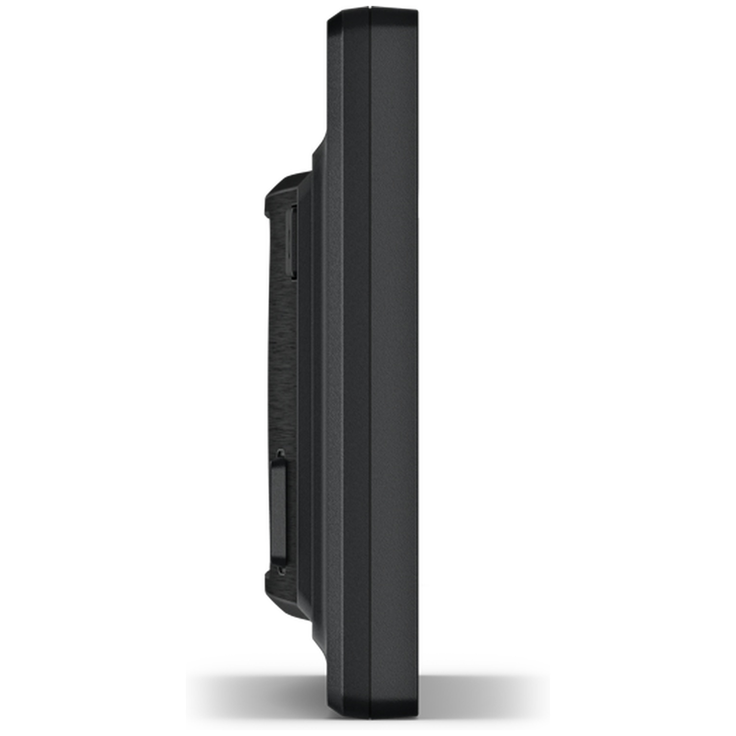 Side view of a black electronic device against a bright background.