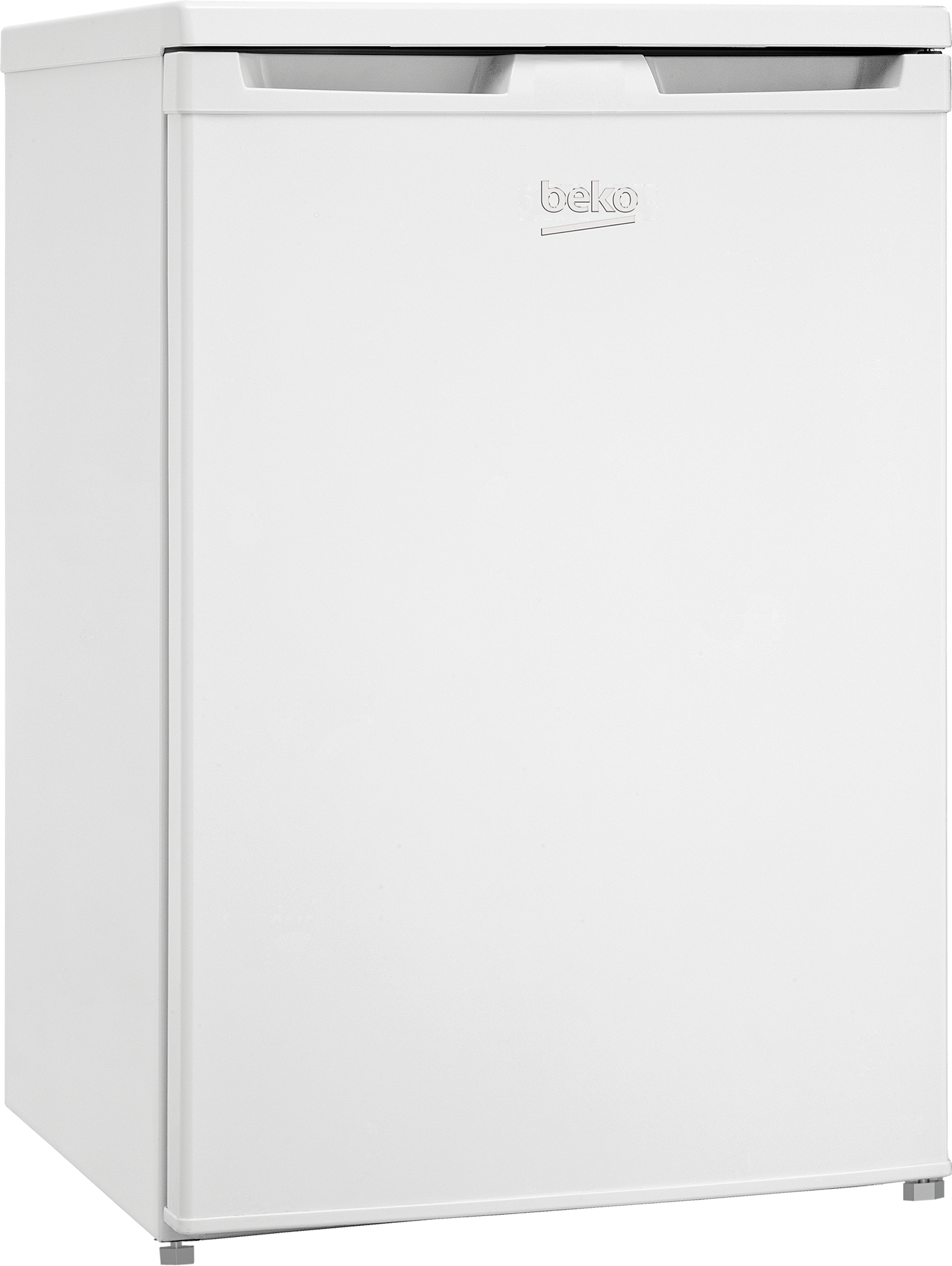Ein kleiner, weißer Beko Kühlschrank steht auf einem dunklen Hintergrund.