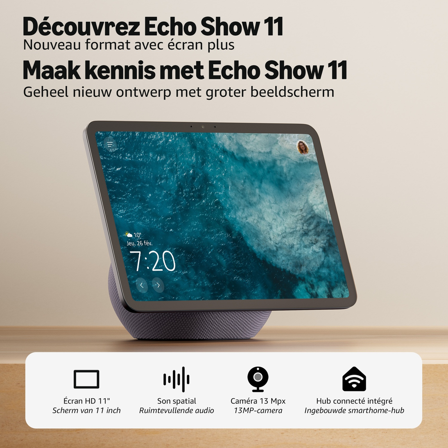 Echo Show 11 avec grand écran HD, base en tissu et quatre icônes en bas.
