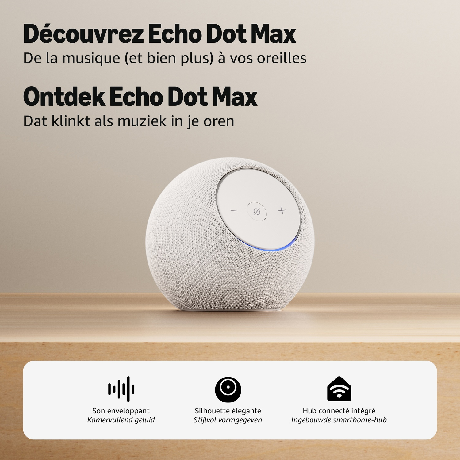 Une enceinte connectée Echo Dot blanche sur une surface en bois avec du texte promotionnel.
