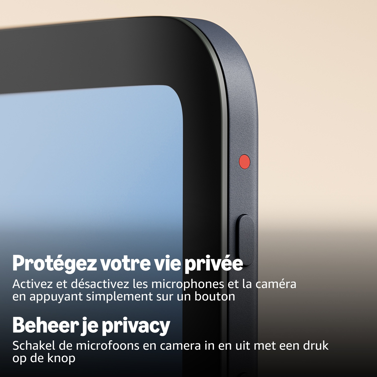 Gros plan d'un appareil noir avec un point rouge et un bouton, accompagné de texte en français et en néerlandais.