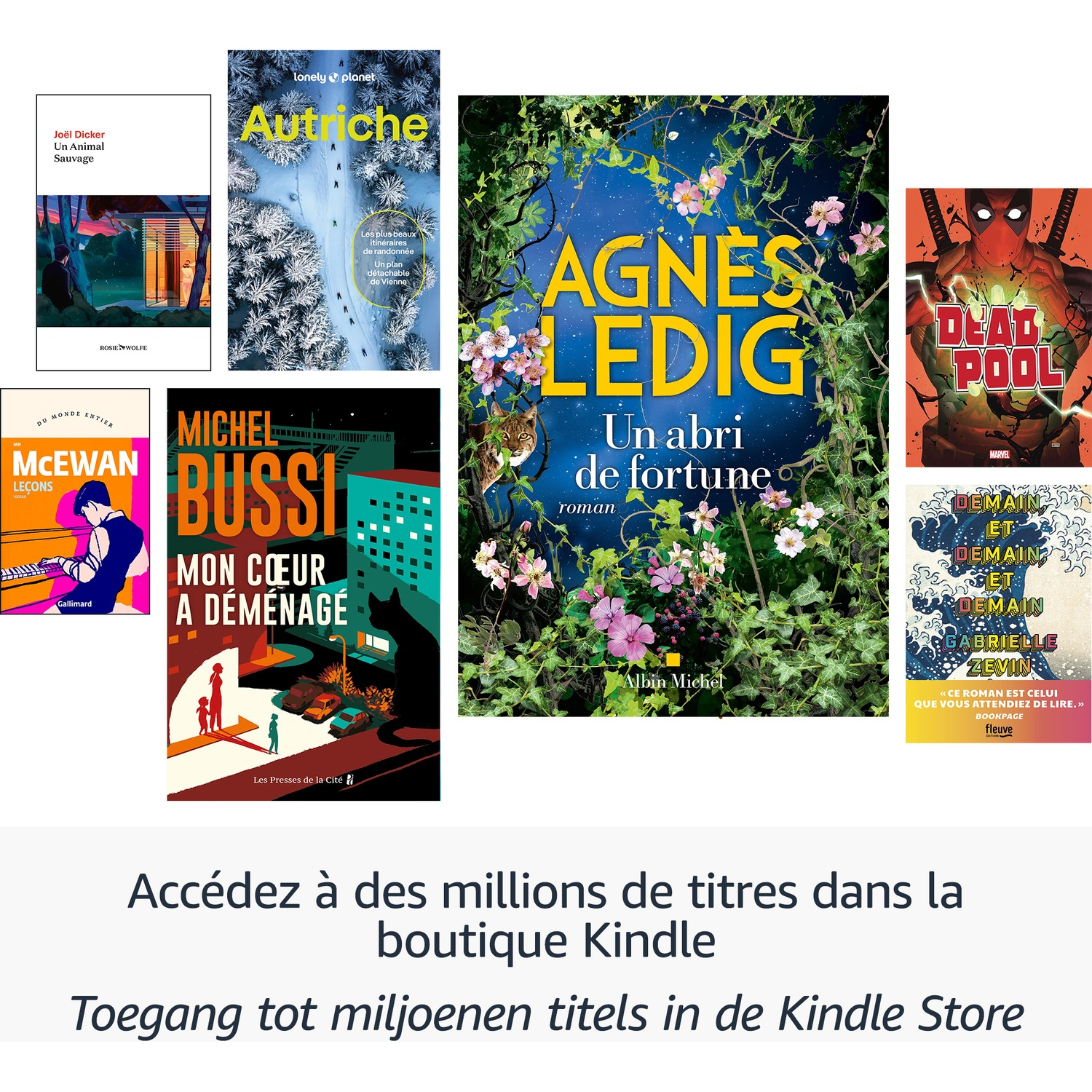 Un collage de diverses couvertures de livres avec des romans et des guides, et du texte promotionnel en bas.