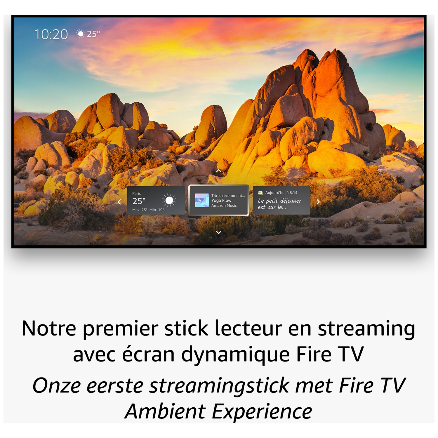 Un écran Fire TV affichant un désert rocheux en arrière-plan, la météo et des widgets.