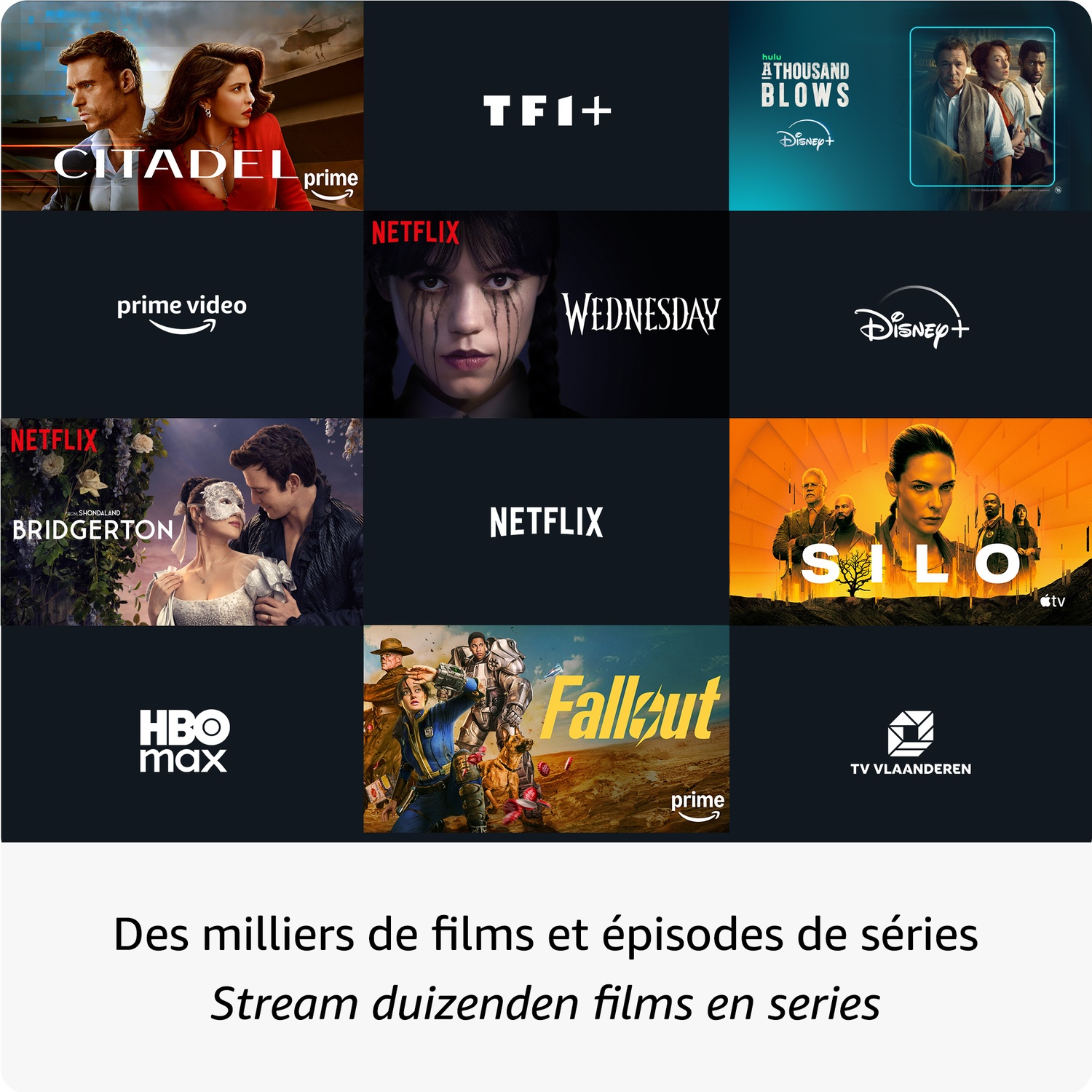 Un collage de logos de streaming et affiches incluant Citadel, Wednesday, Bridgerton, Silo et Fallout.