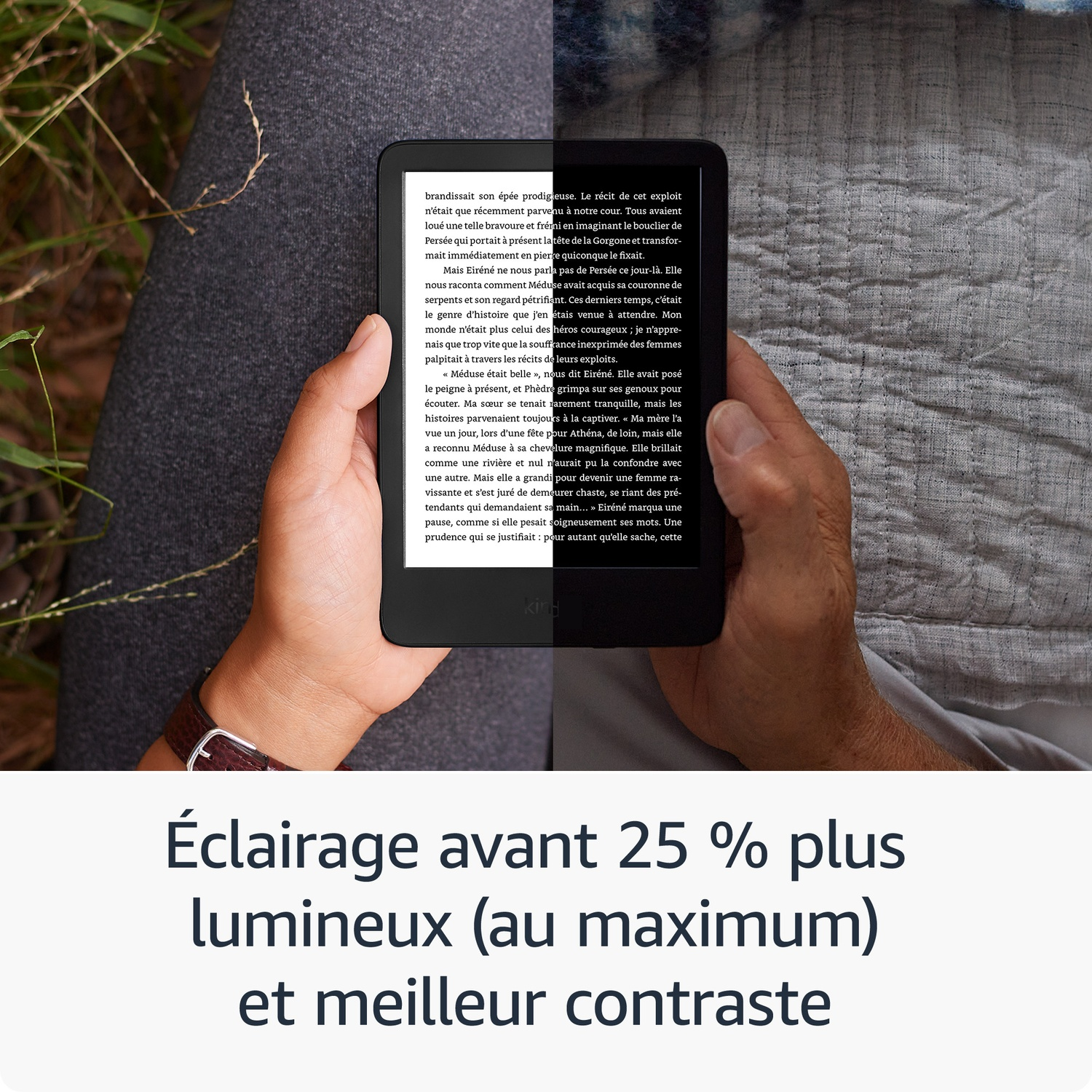 Liseuse tenue en main avec écran partagé pour comparer l'éclairage et le contraste.