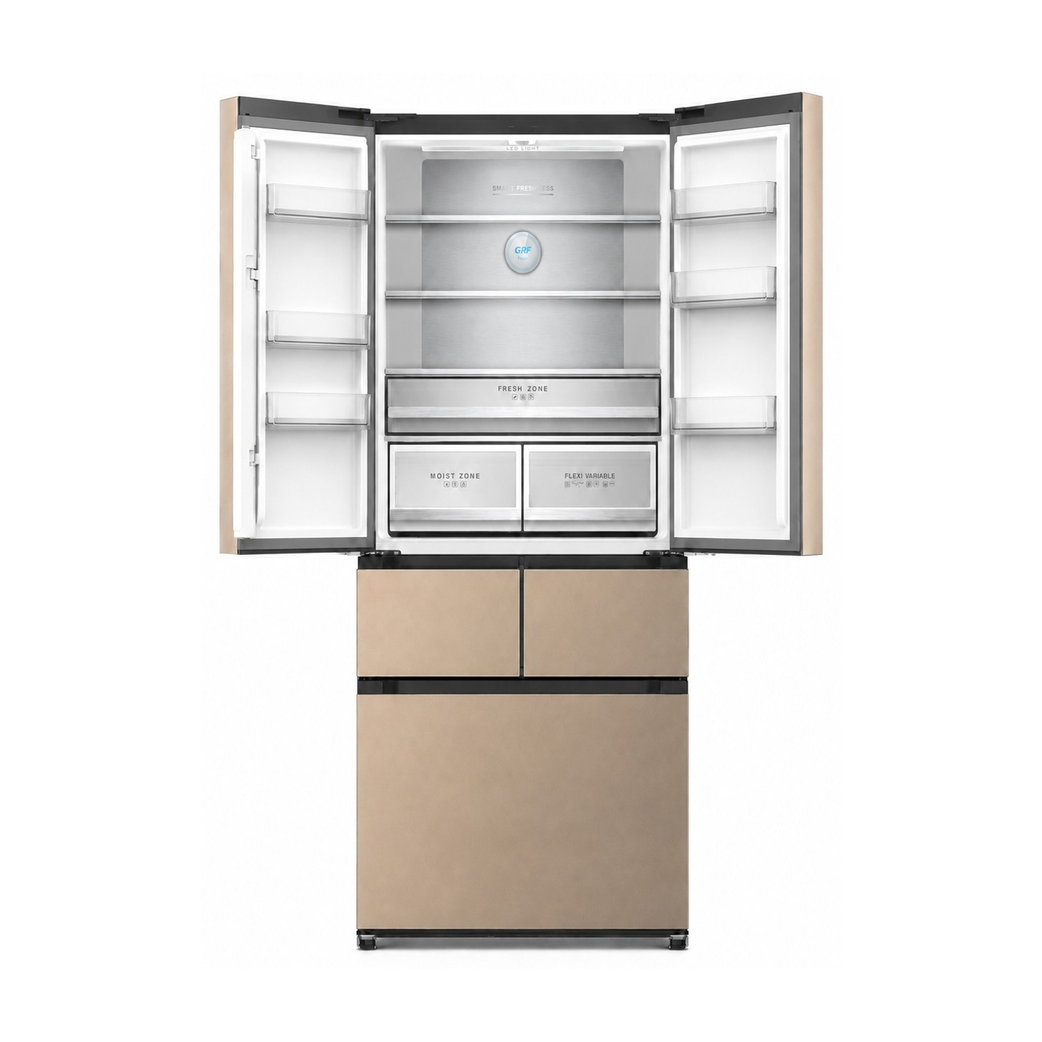 Un frigorifero a quattro porte color beige con ante aperte, che mostra ripiani interni, scomparti e luce.
