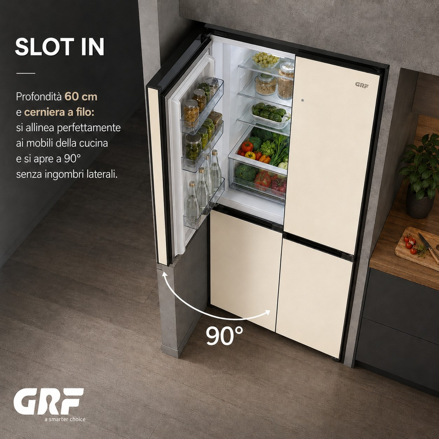Frigorifero da incasso beige con porta aperta in cucina moderna con testi.