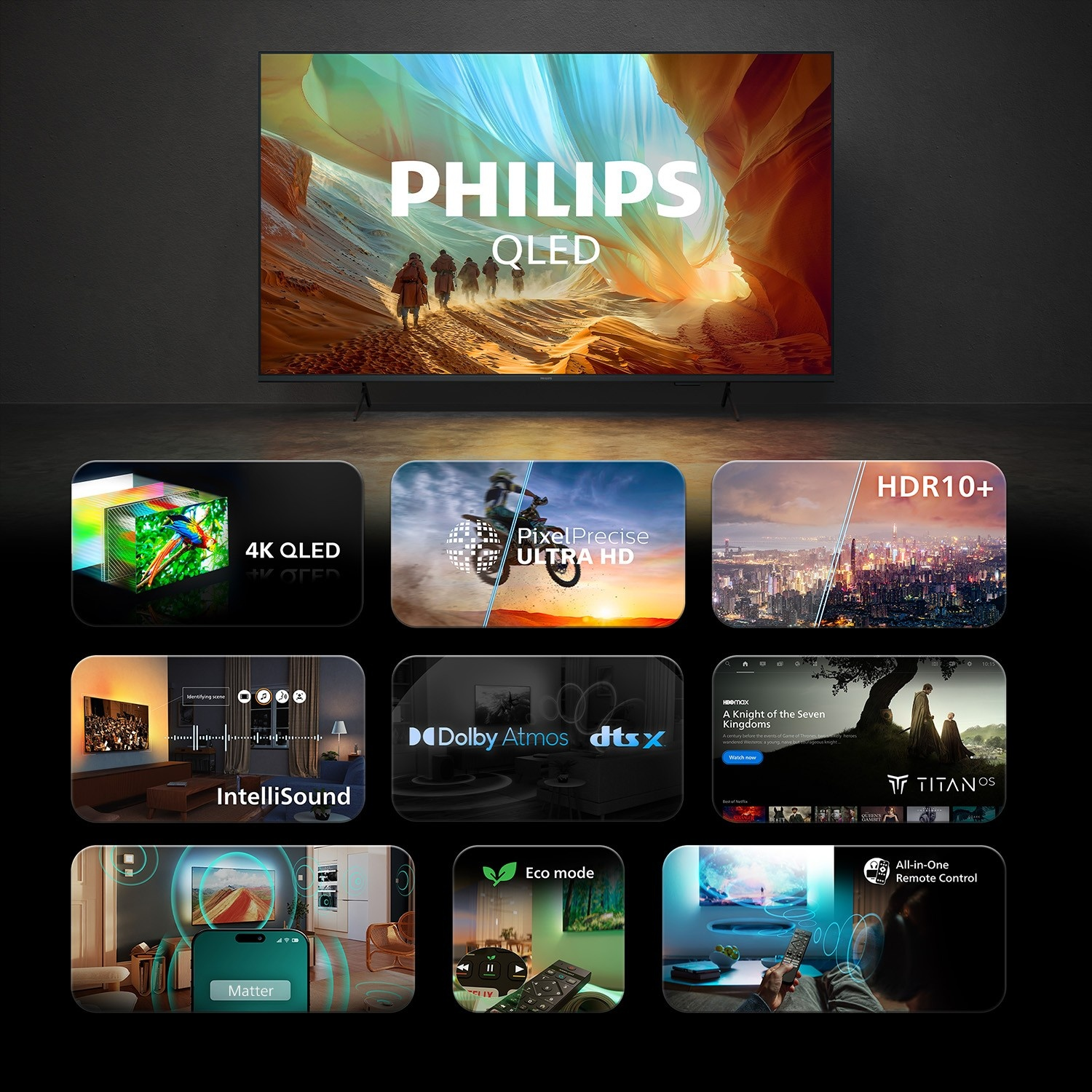 Un TV Philips QLED con scena di canyon e icone di funzioni più piccole in basso per 4K, HDR e audio.