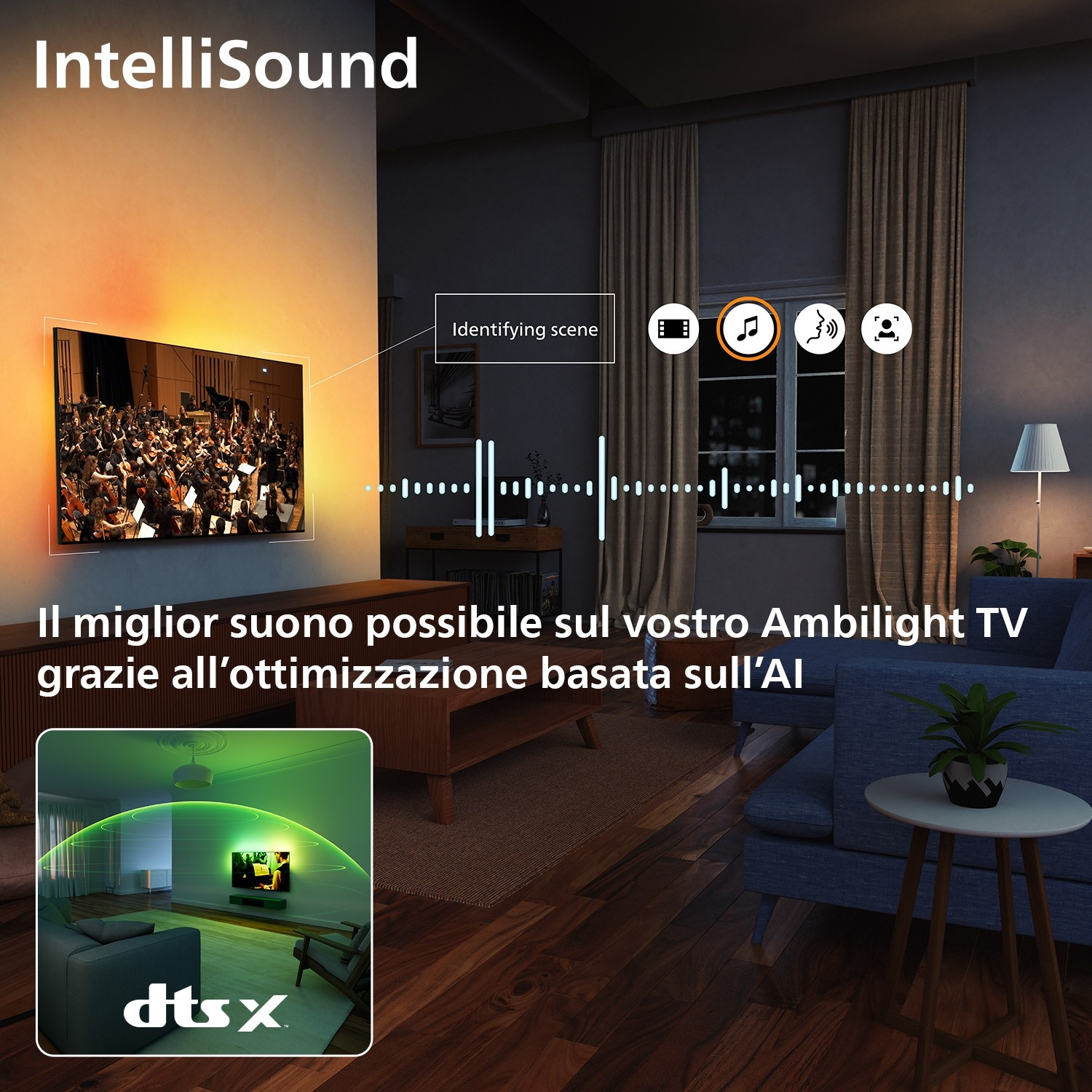 Soggiorno con TV Ambilight, grafica di analisi audio e testo IntelliSound.