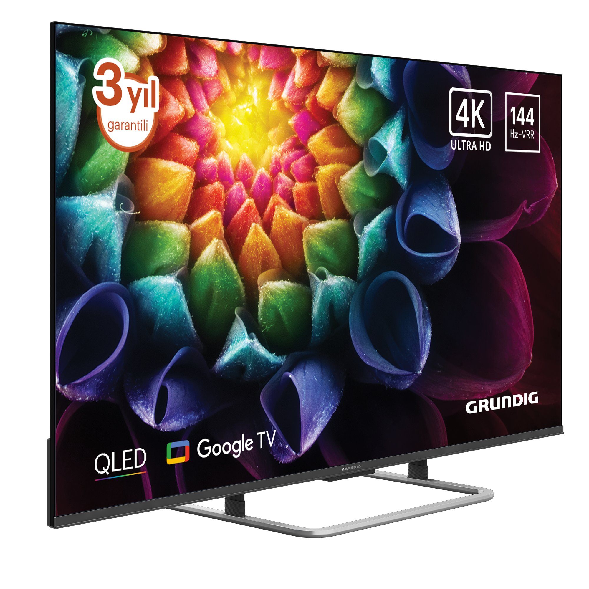 Ekranında renkli bir çiçek gösteren 4K Ultra HD ve 144Hz özellikli Grundig QLED Google TV.