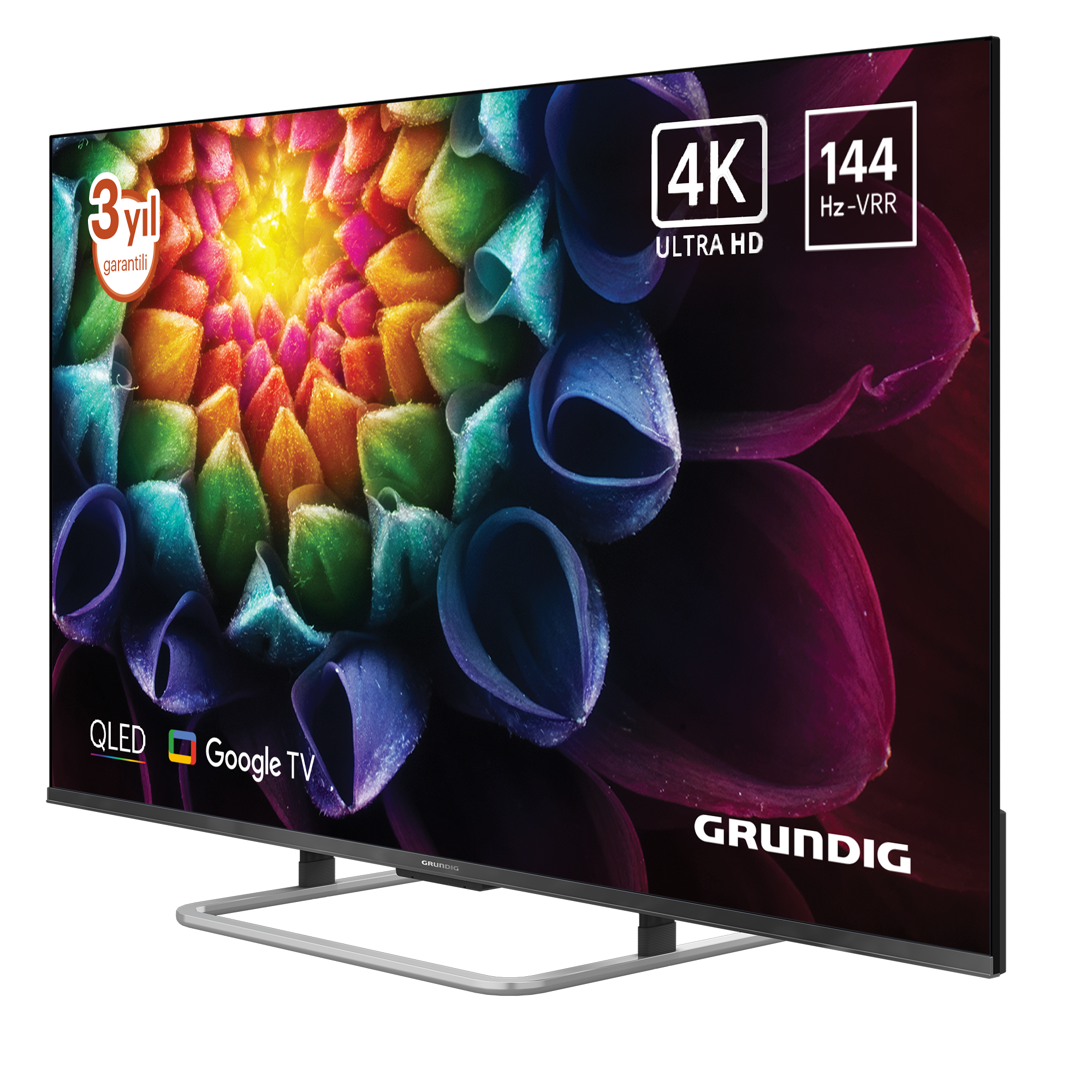Renkli çiçek yaprakları, 4K Ultra HD ve 144Hz-VRR logolu siyah arka plandaki Grundig düz QLED TV.