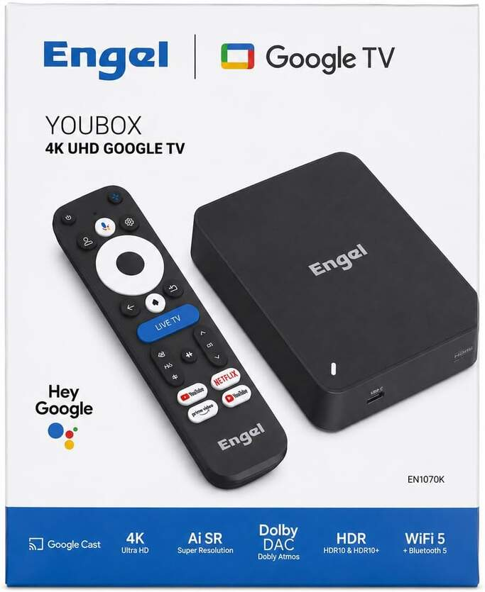 Engel Youbox 4K UHD Google TV caja con control remoto y empaque.