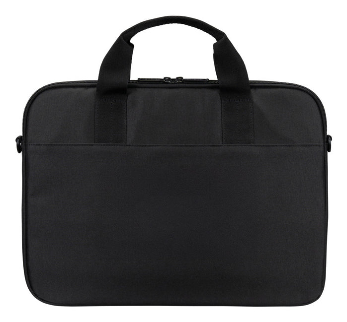 Un elegante maletín negro para portátil con cremallera y dos asas superiores sobre fondo blanco.