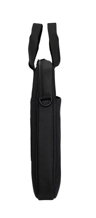 Se muestra de lado una funda negra para portátil con dos asas y cremallera.