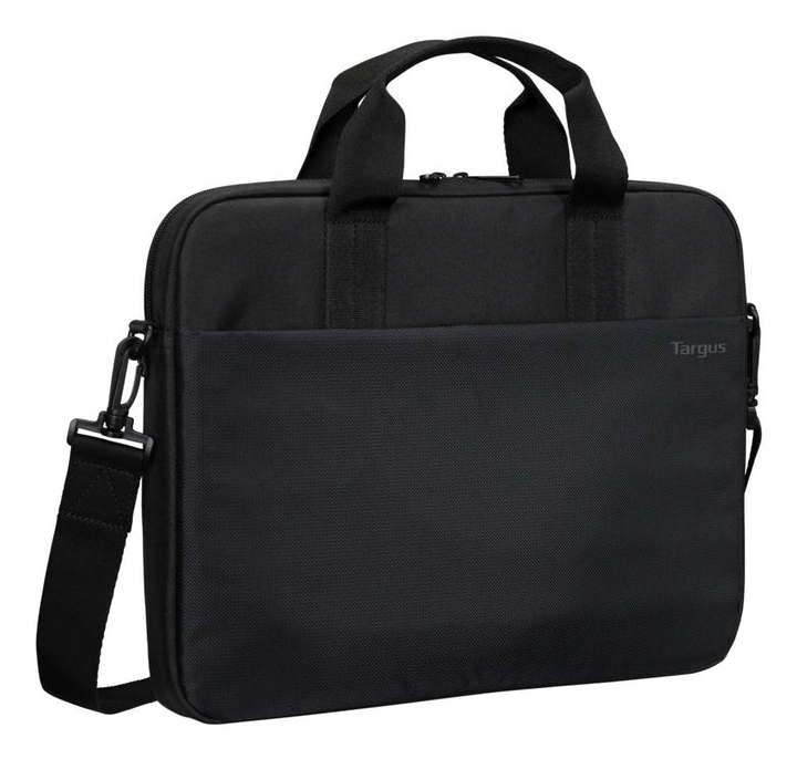 Bolsa para portátil Targus negra con asas superiores y correa de hombro desmontable sobre fondo blanco.