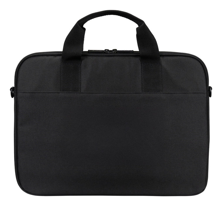 Una bolsa para portátil negra con dos asas y cremallera sobre fondo blanco.