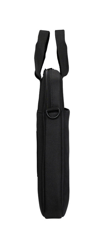 Bolso negro para portátil con dos asas y cremallera lateral sobre fondo blanco.