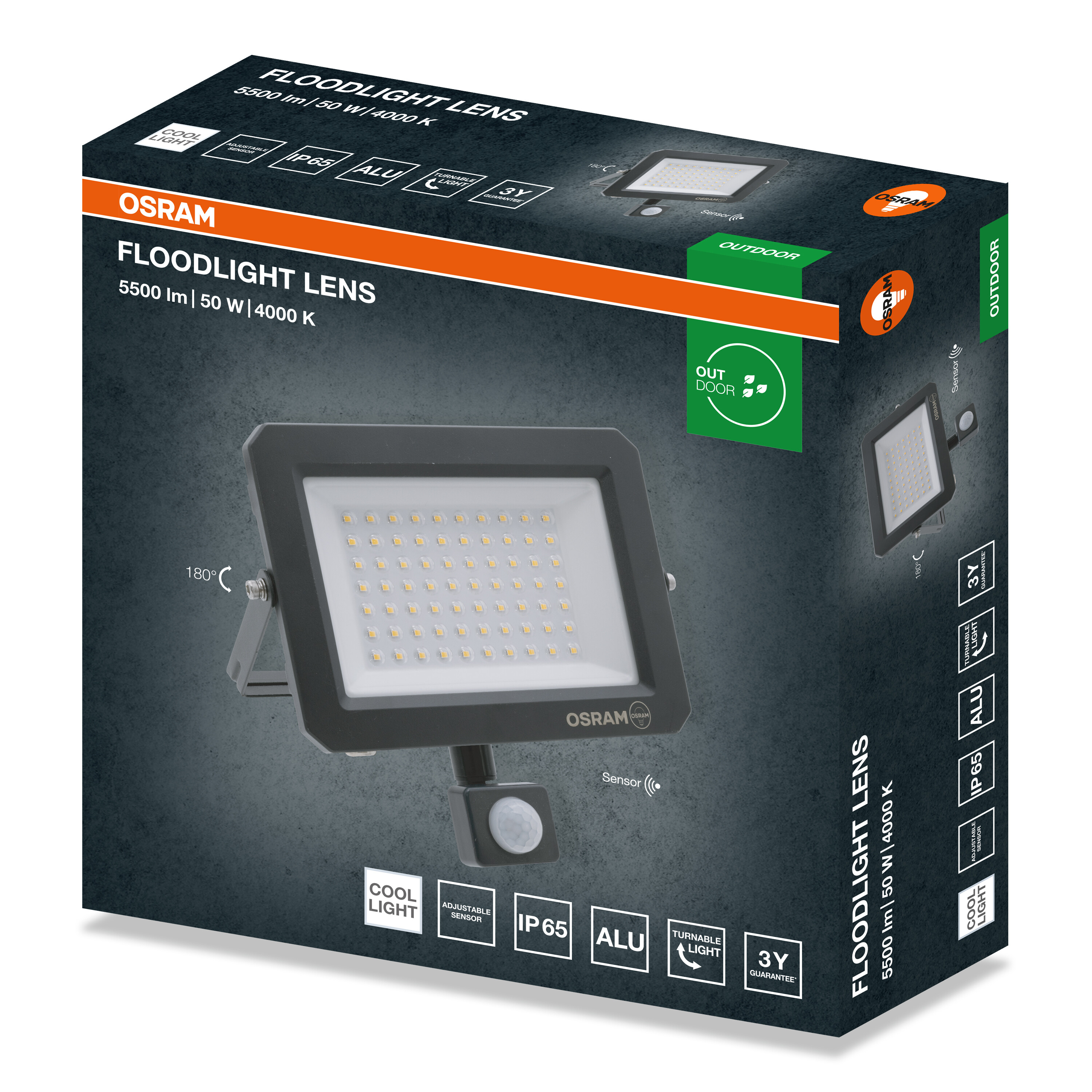 Osram Floodlight Lens doboz LED kültéri lámpával, 5500 lm, 50 W, 4000 K, érzékelő és 3 év garancia.