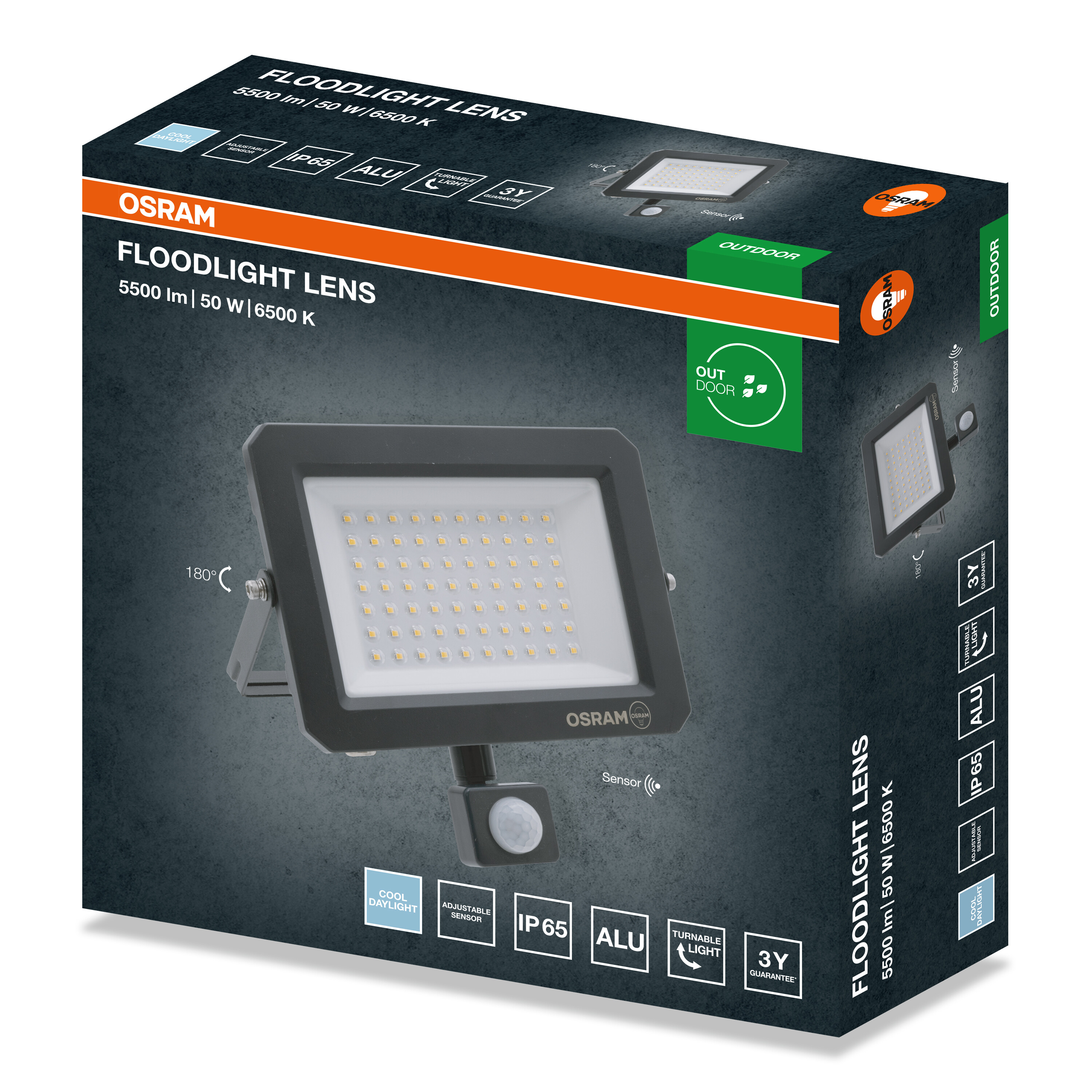 Osram LED fényvető csomagolása érzékelővel, sötét háttér előtt.