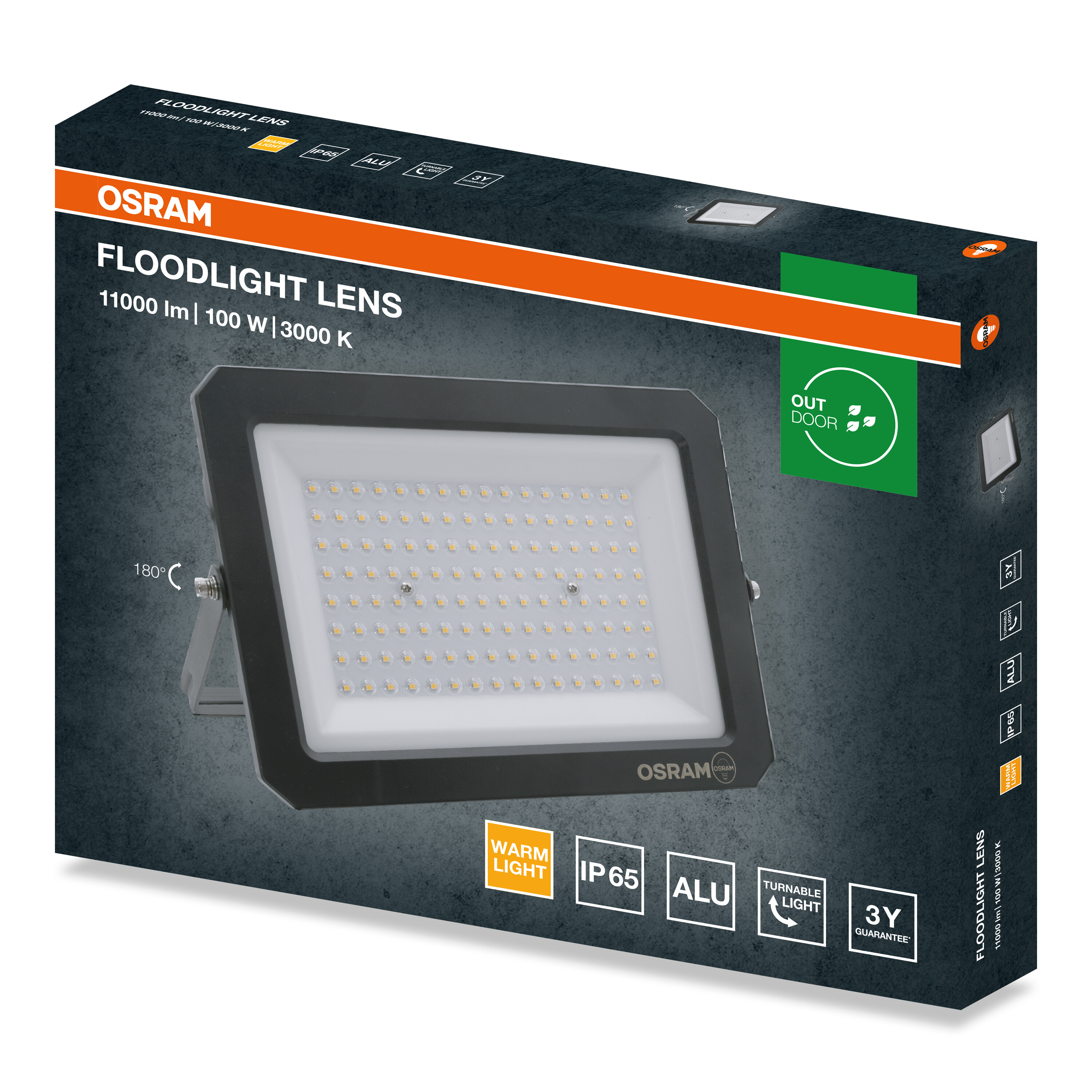 Csomagolás Osram Floodlight Lens 100W 3000K LED projektorhoz termékdizájnnal.