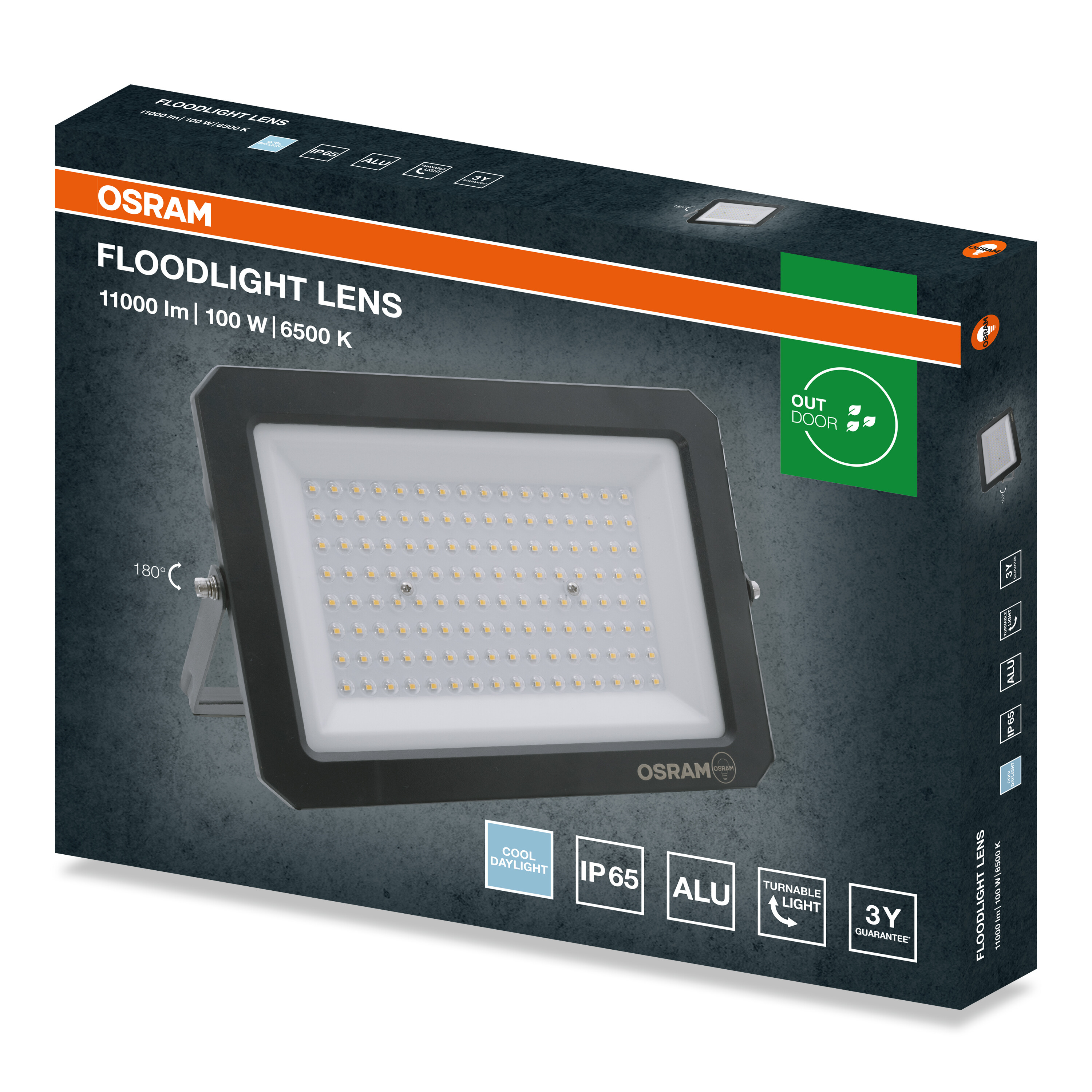 Osram LED reflektor csomagolás, 100W, termékadatokkal és képpel sötét háttéren.