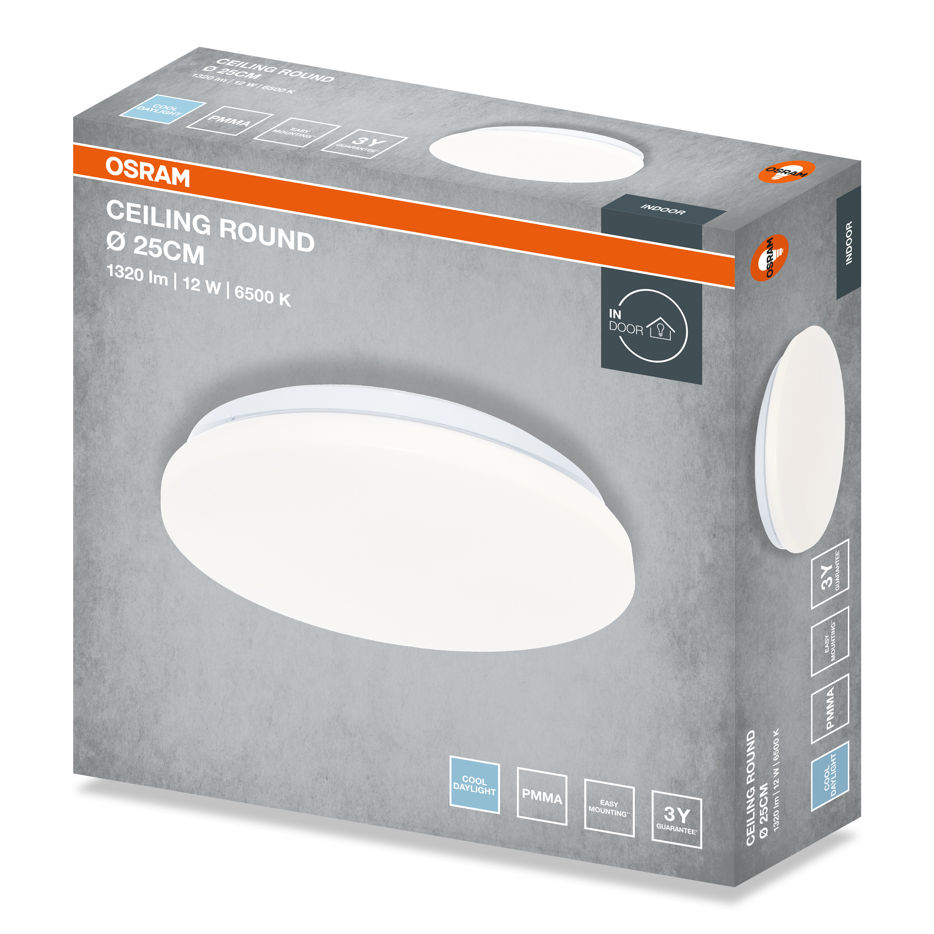 Osram kerek mennyezeti lámpa 25 cm-es doboz szürke és narancs dizájnnal.