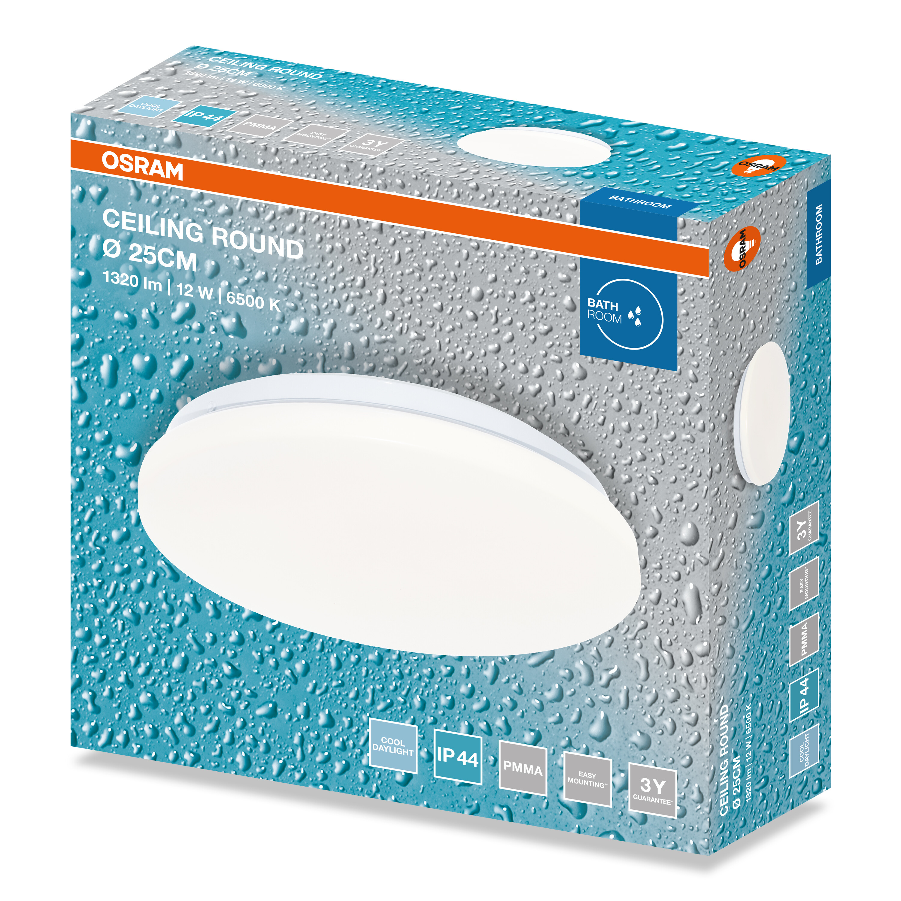 Osram mennyezeti lámpa doboz vízcseppes mintával és adatokkal.