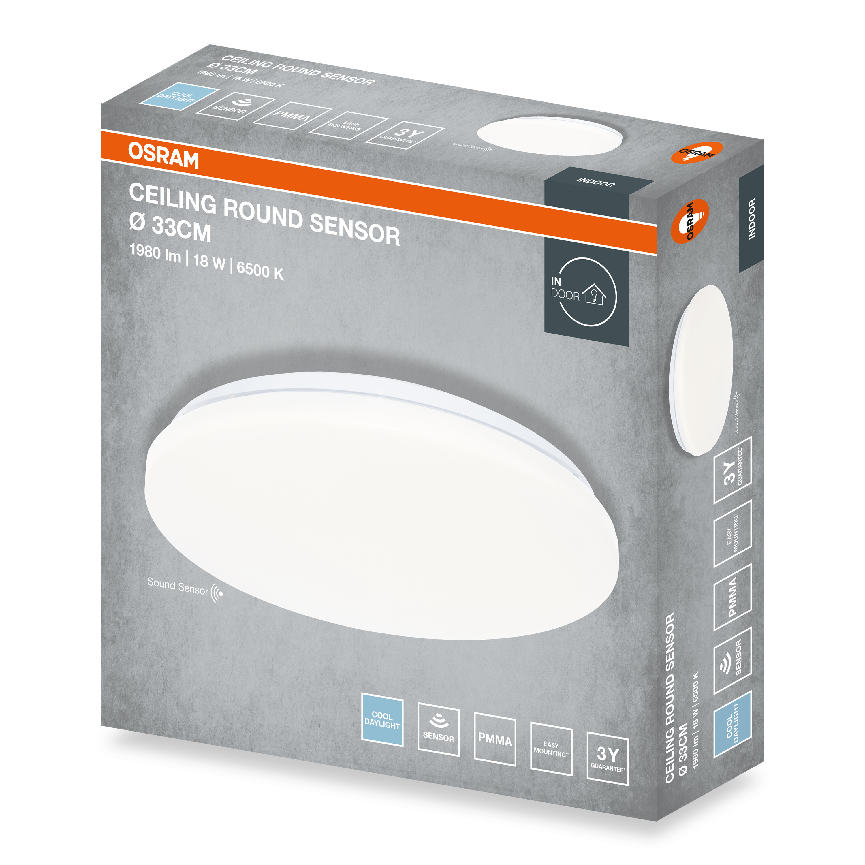 Osram mennyezeti kerek szenzoros lámpa doboza, 33cm beltéri LED lámpa hangérzékelővel, 18W, 6500K.