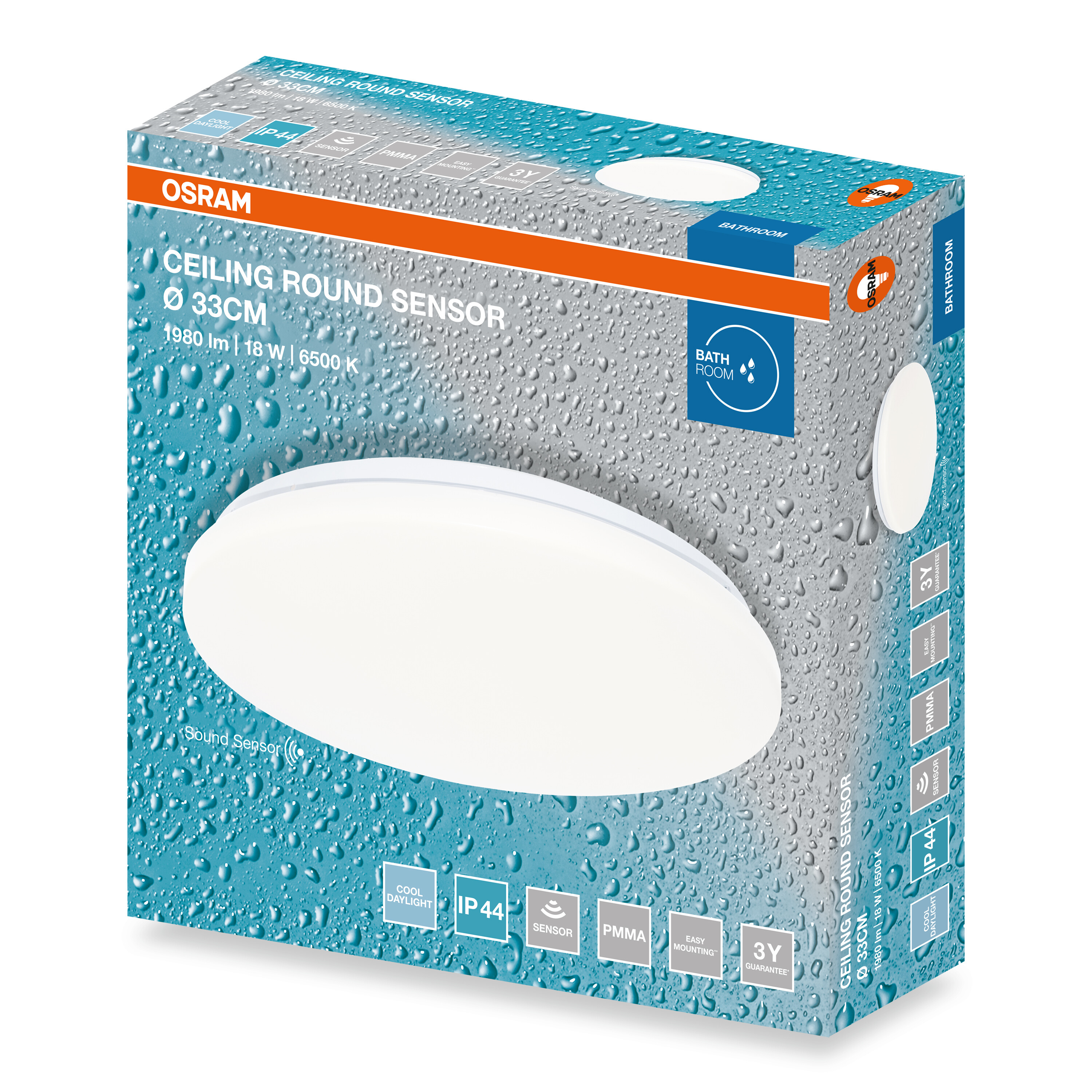 Osram mennyezeti szenzoros lámpa doboza kék-ezüst vízcseppes dizájnnal és kerek fehér lámpával.