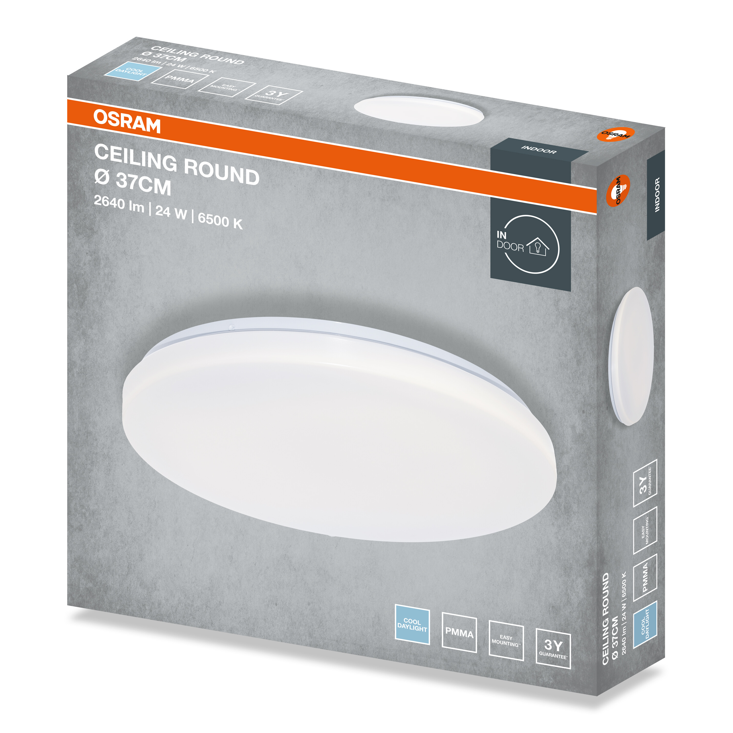 Az Osram Ceiling Round LED-mennyezeti lámpa (37 cm) doboza termékgrafikával szürke háttéren.