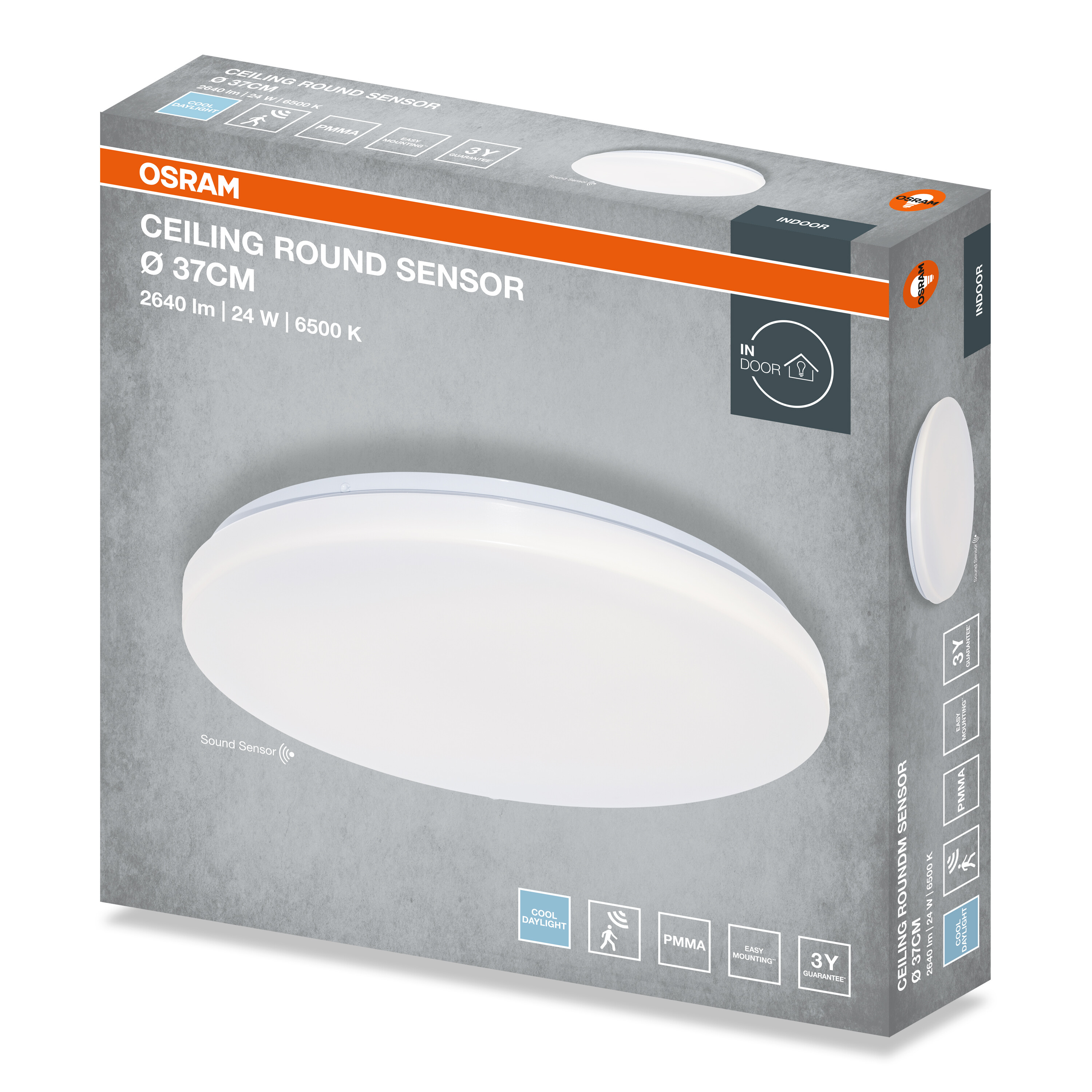 Csomagolódoboz az Osram Ceiling Round Sensor lámpához, termékképpel, specifikációkkal és ikonokkal.