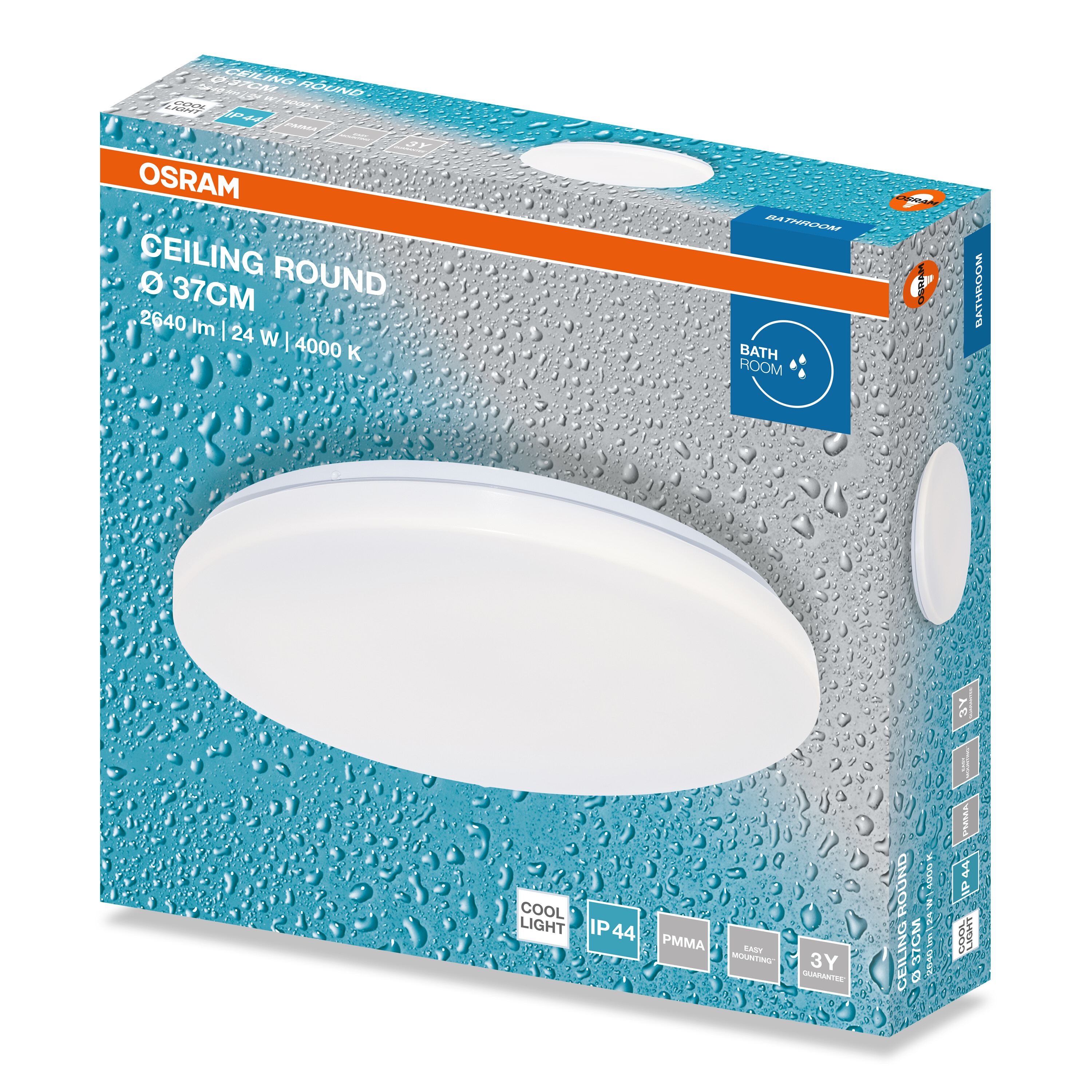 Egy Osram kerek mennyezeti LED lámpa doboz vízcsepp mintával, benne egy fehér lámpatesttel.