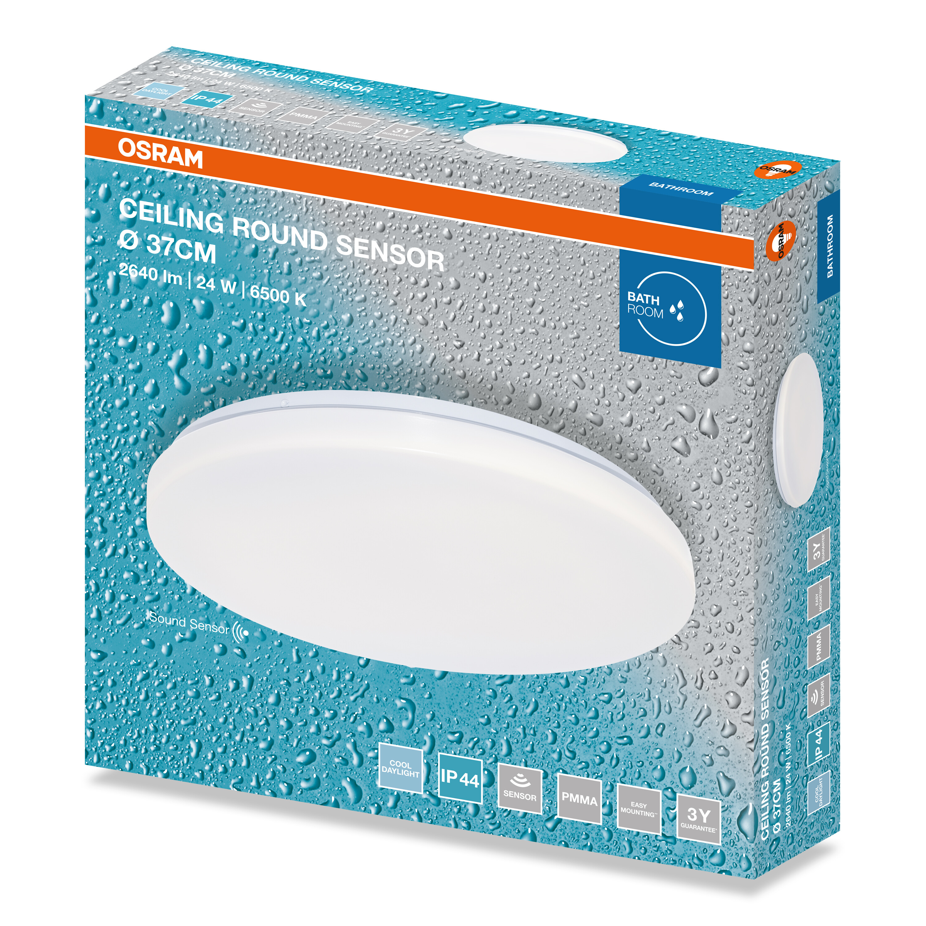 Osram mennyezeti lámpa érzékelővel csomagolásban, kék-fehér vízcsepp mintával.