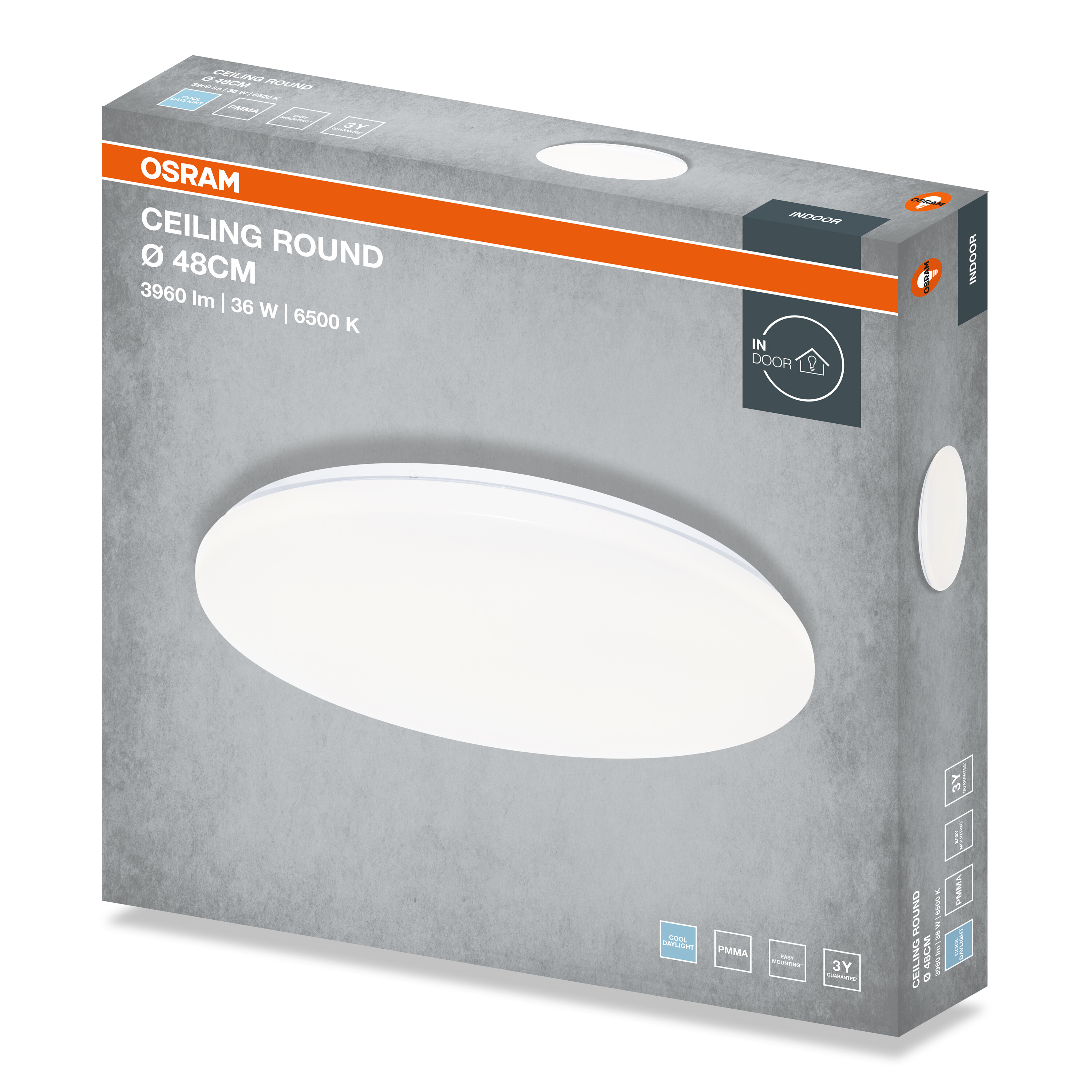 Osram Ceiling Round 48cm LED mennyezeti lámpa szürke-narancs csomagolásban adatokkal.