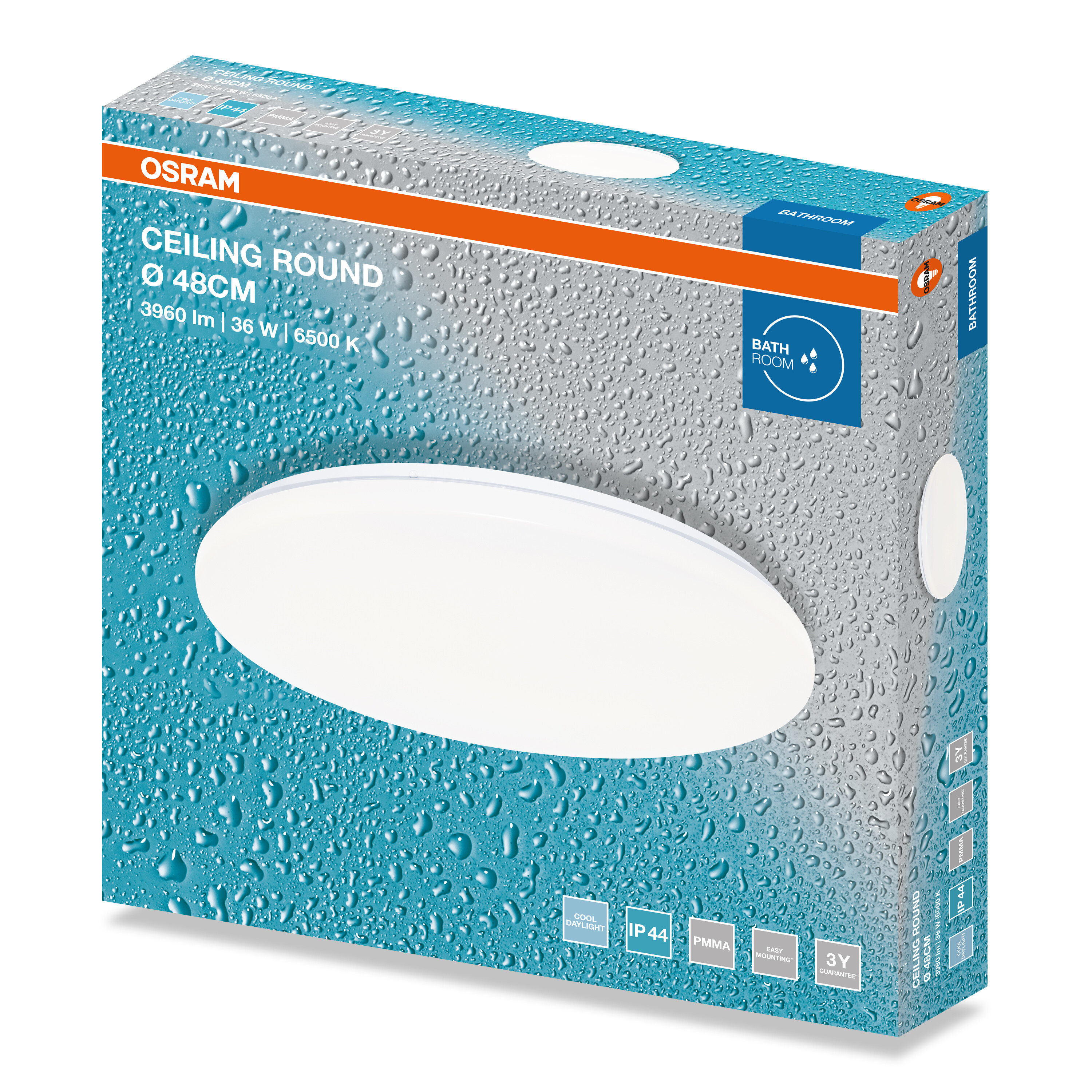 Osram mennyezeti lámpa doboz vízcsepp mintával, fehér lámpatesttel és szöveggel.