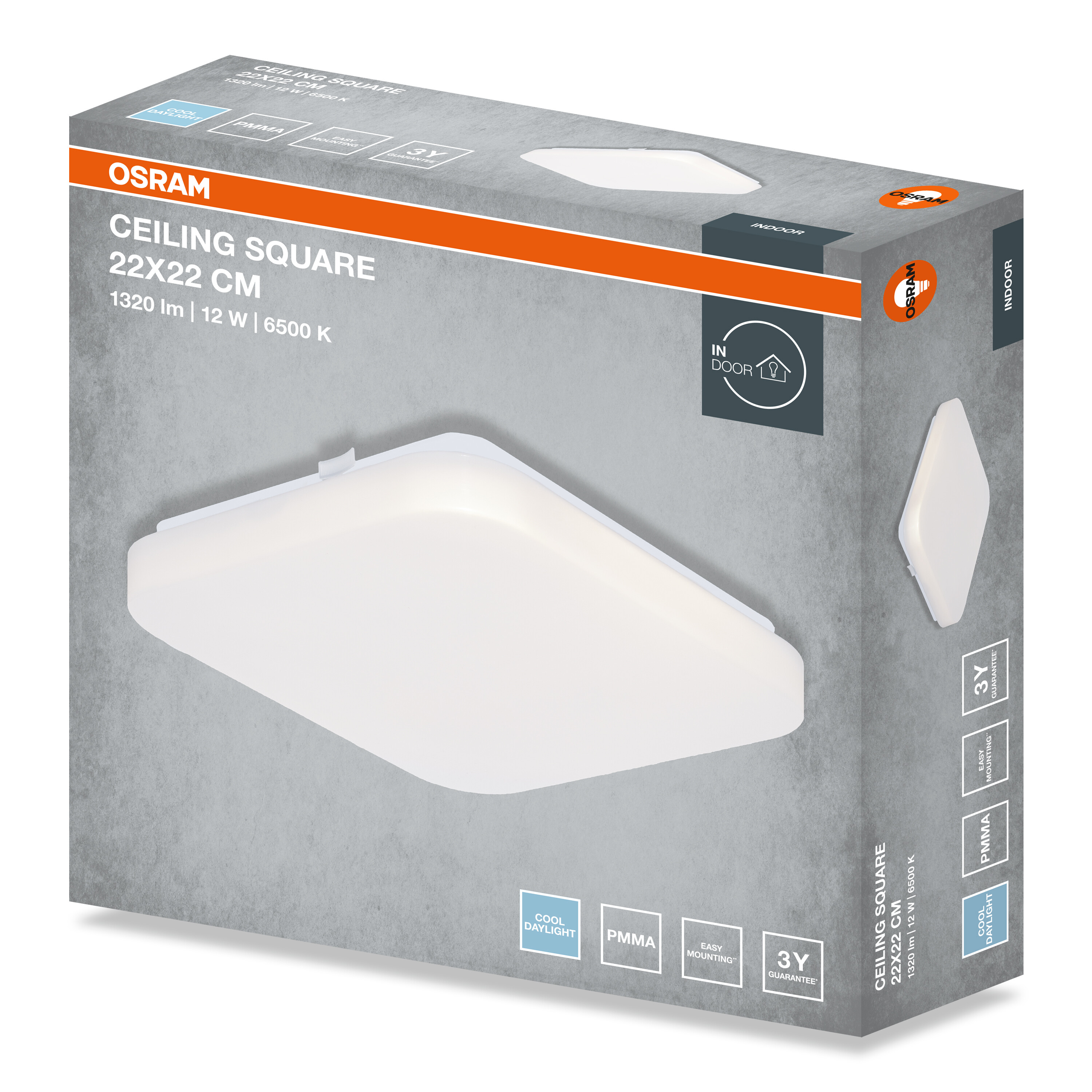 Osram mennyezeti négyzet alakú LED lámpa csomagolás, termékjellemzőkkel és négyzet alakú lámpatesttel.