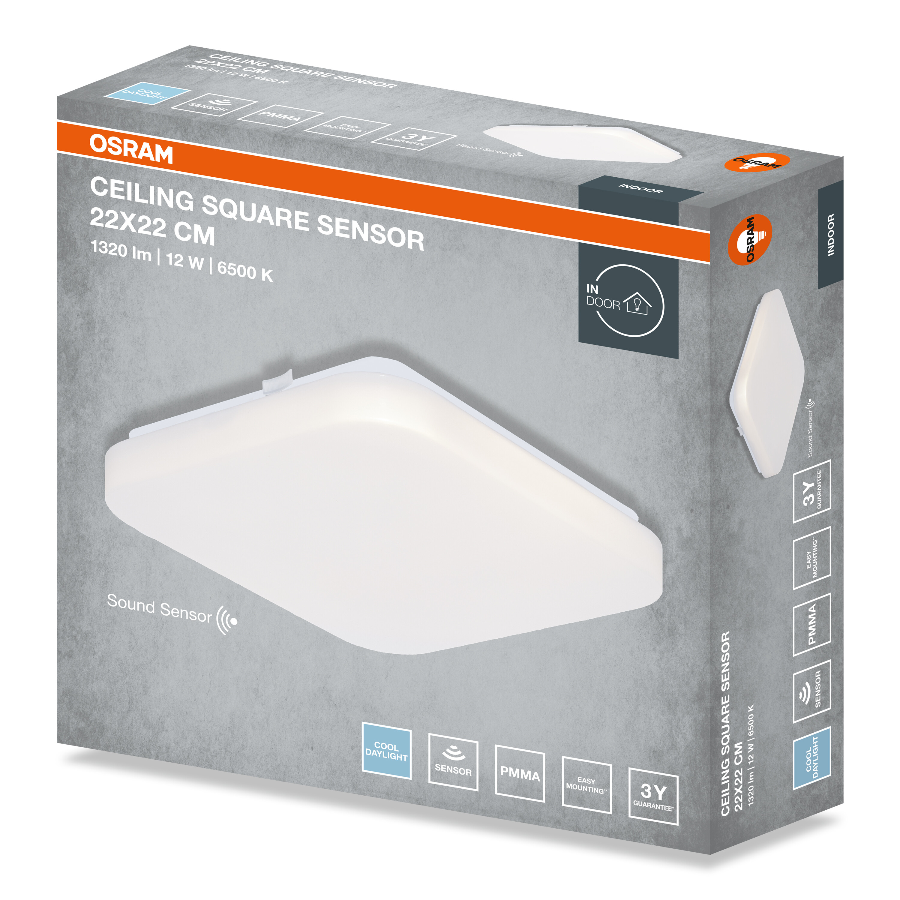 Osram mennyezeti négyzet alakú szenzoros lámpa csomagolása termékképpel, specifikációkkal és ikonokkal.