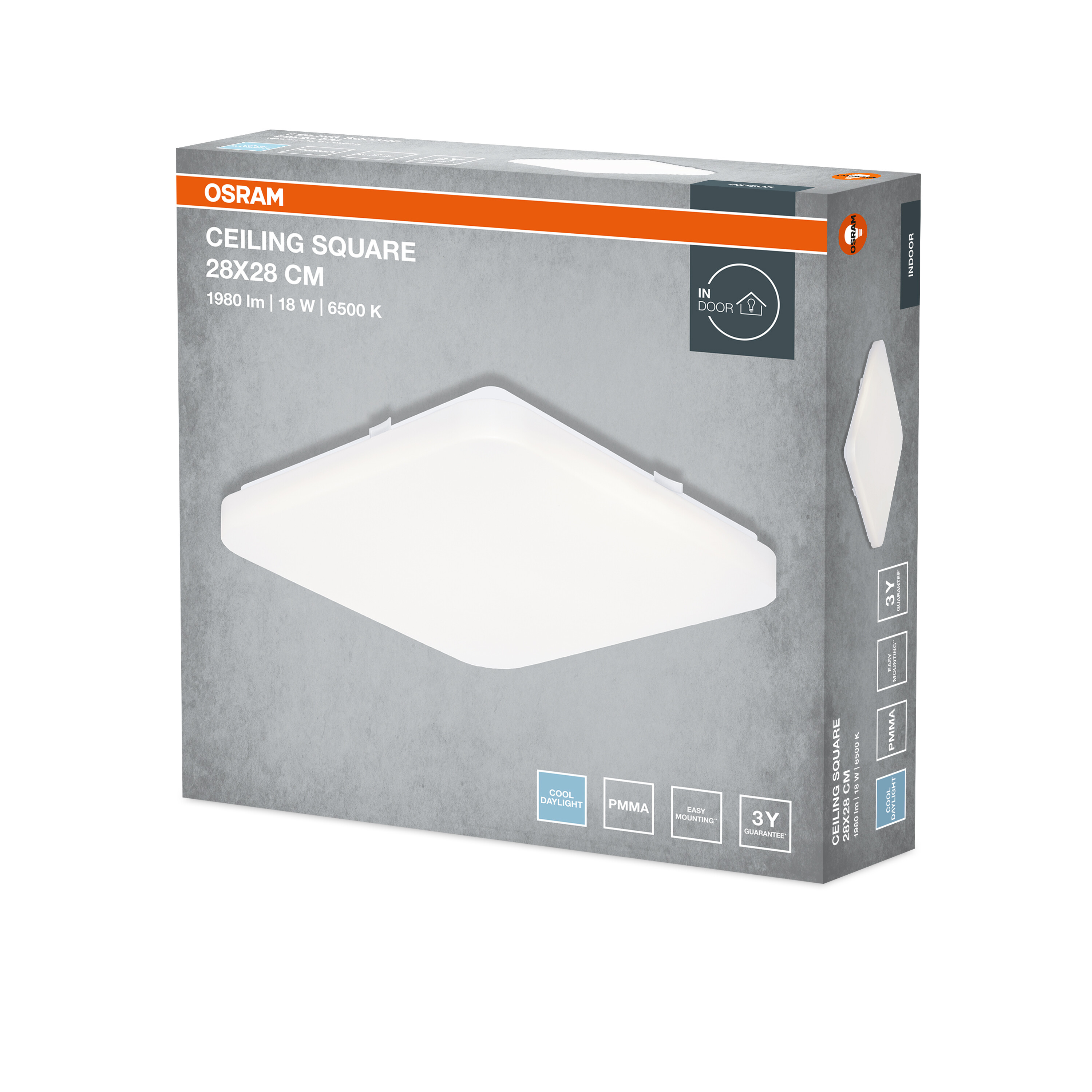 OSRAM négyzet alakú mennyezeti lámpa csomagolása termékadatokkal és a lámpa képével.