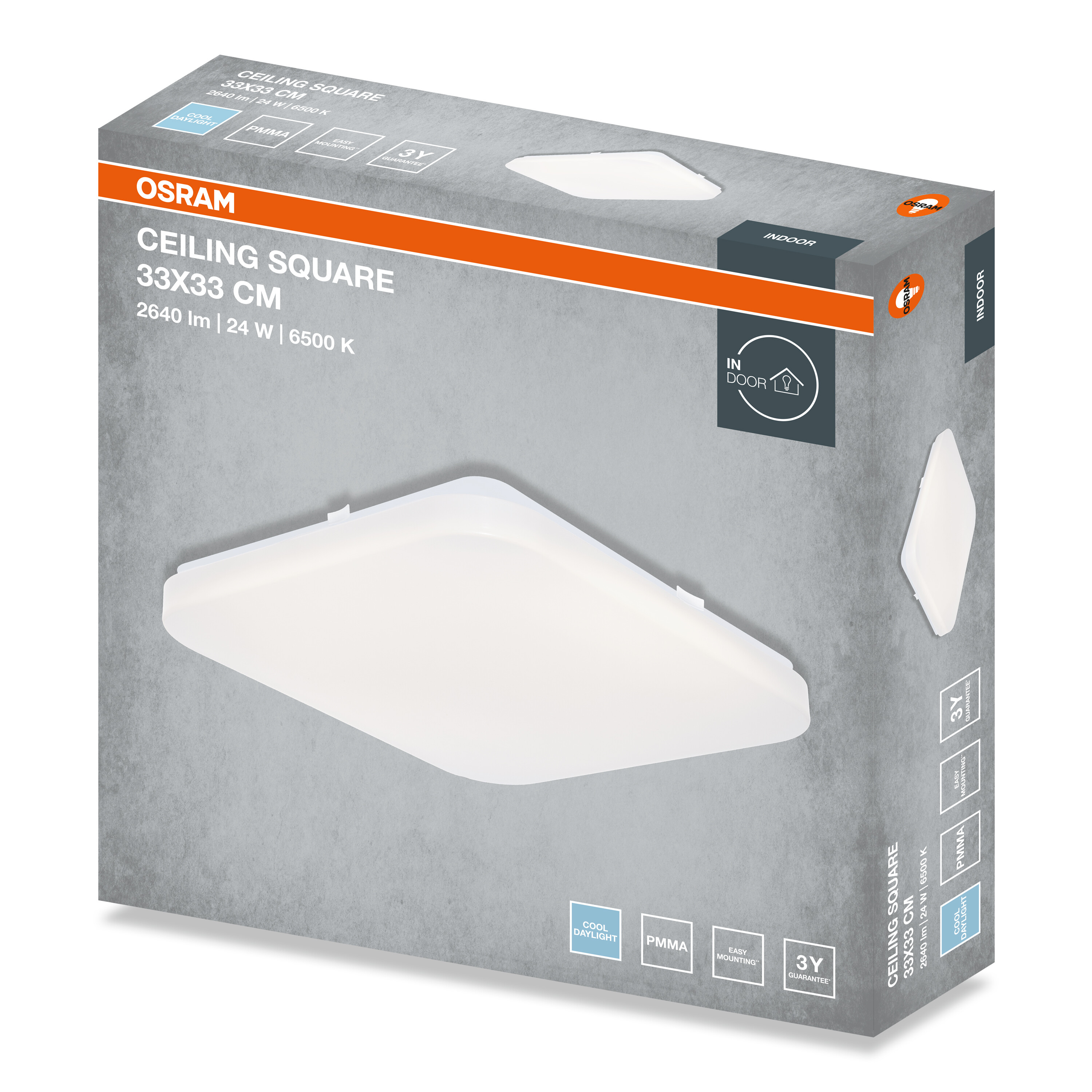 Osram LED mennyezeti lámpa csomagolása műszaki adatokkal.
