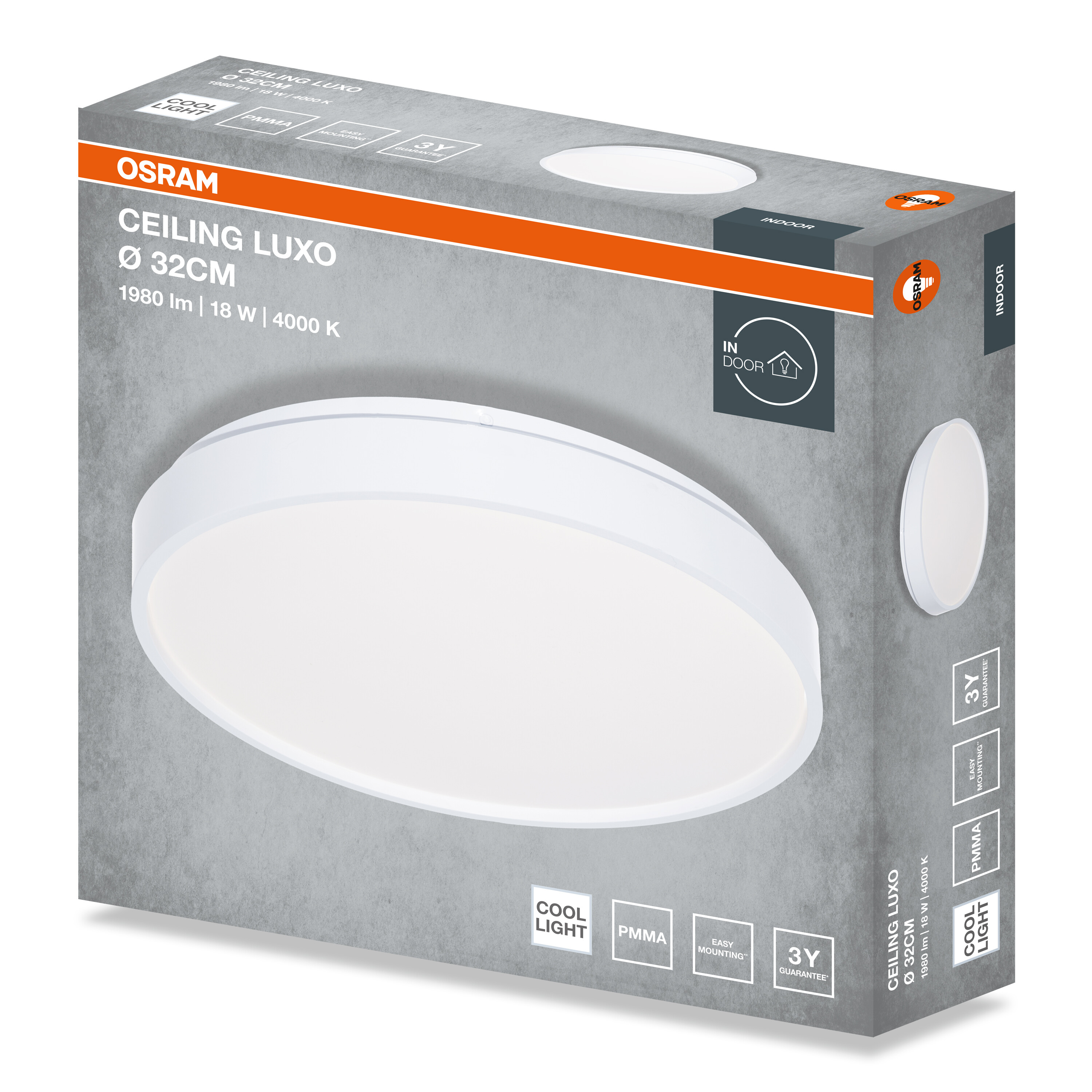 Osram Ceiling Luxo LED mennyezeti lámpa csomagolása, 32 cm, 18W, termékfotóval és adatokkal szürke alapon.