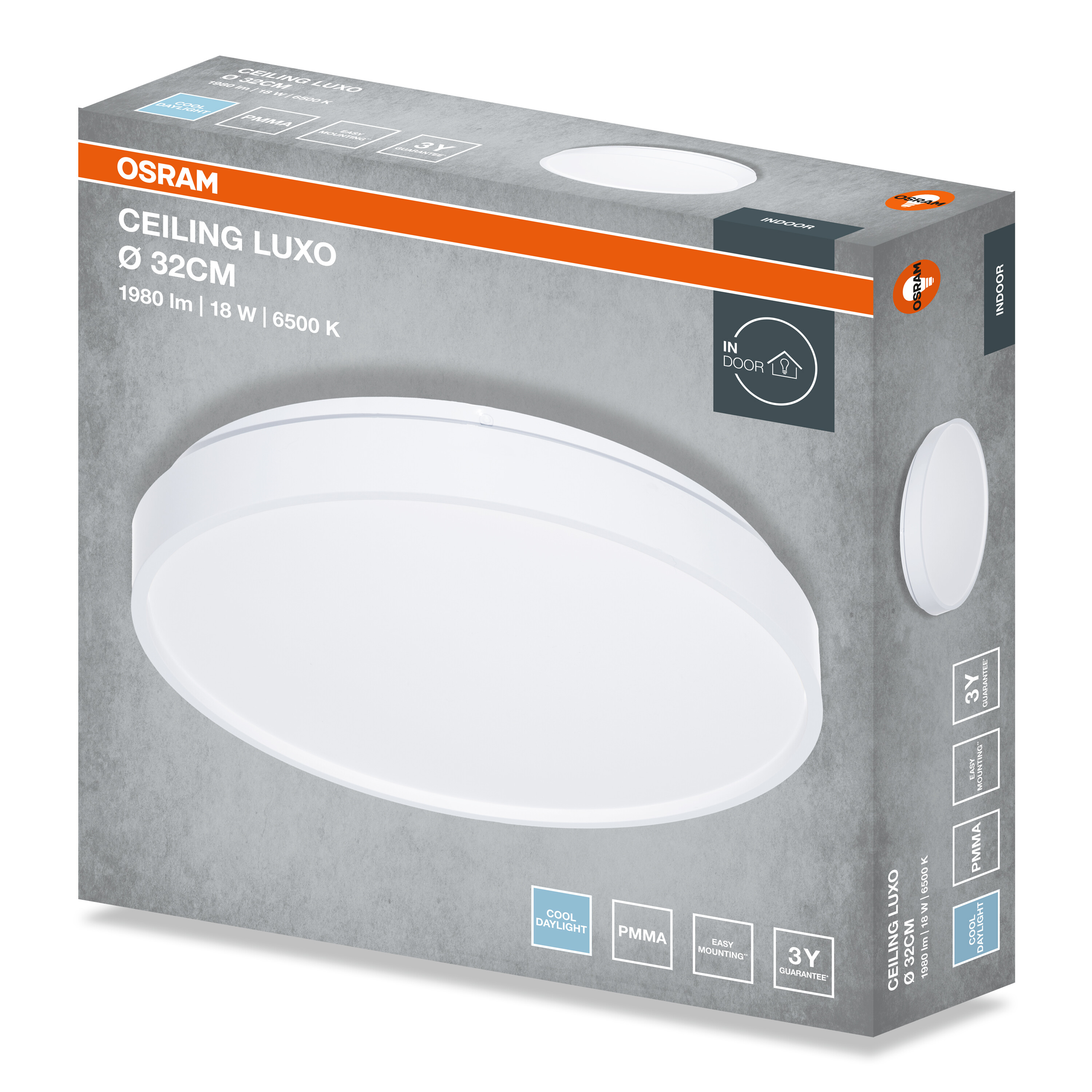 Osram Ceiling Luxo mennyezeti lámpa doboza, fehér és szürke, narancssárga csíkkal és termékjellemzőkkel.