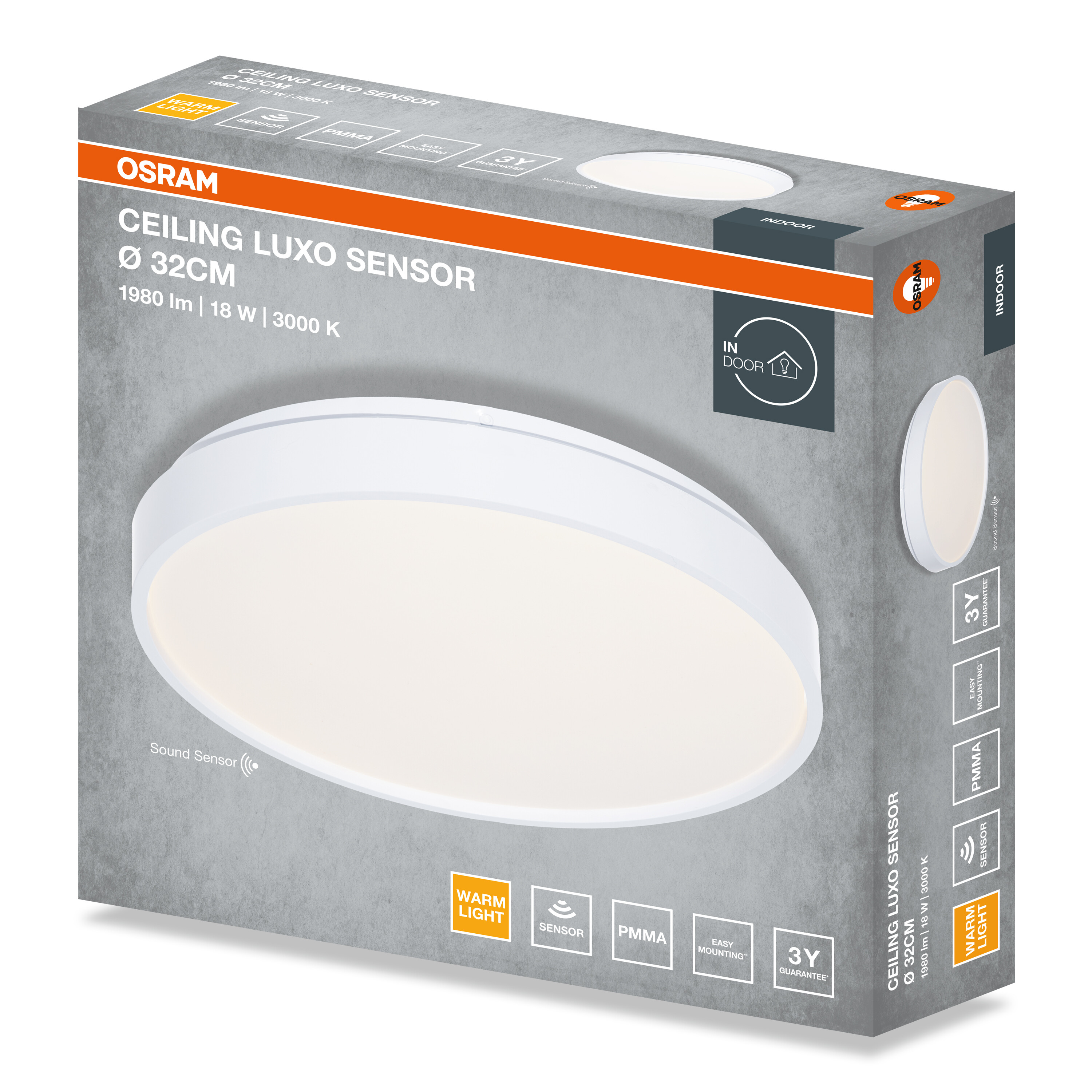 Az Osram Ceiling Luxo Sensor 32 cm csomagolása, rajta egy kerek, fehér LED lámpatest szürke, texturált dobozon.
