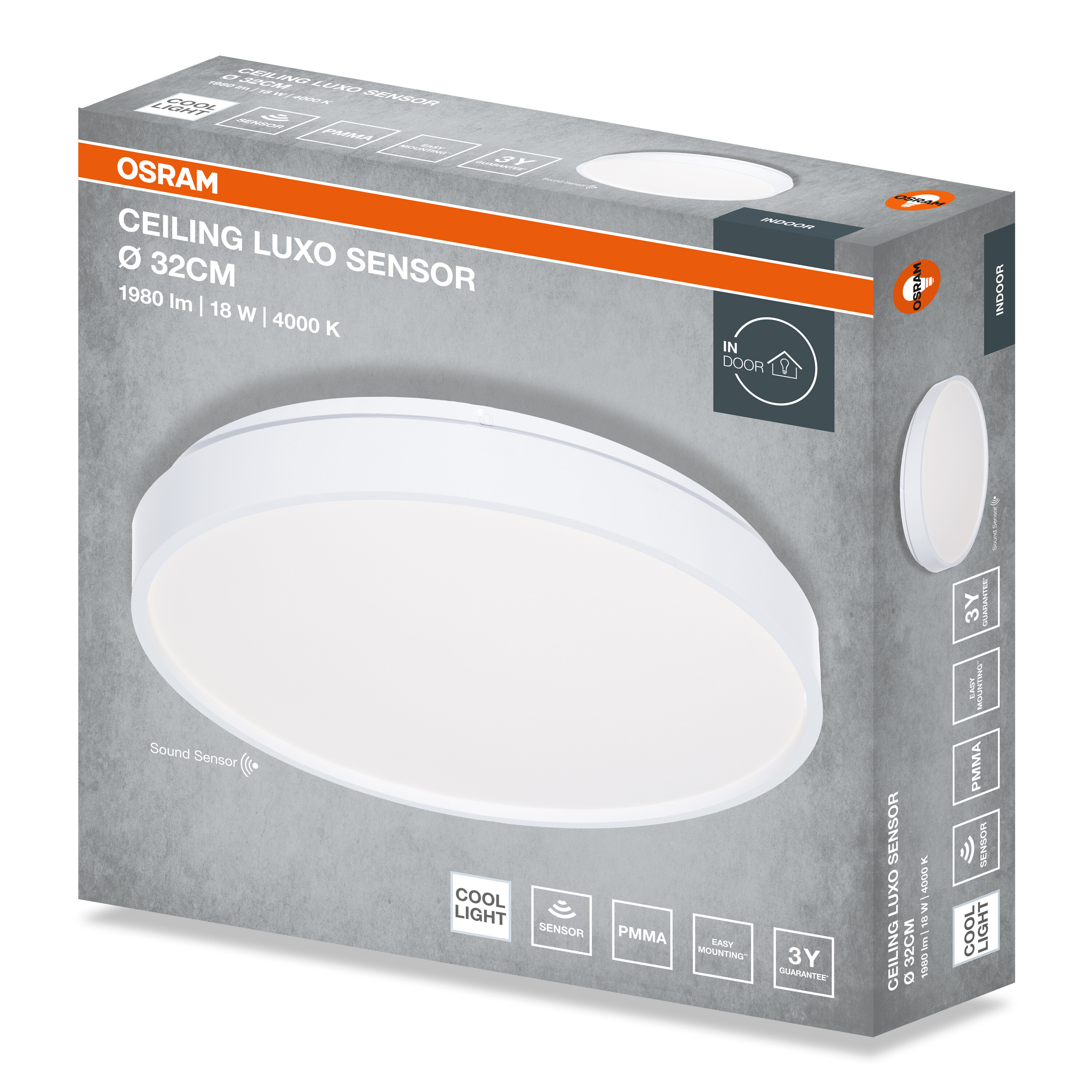Szürke OSRAM doboz fehér Luxo Sensor mennyezeti lámpához, 32 cm-es átmérővel, termékleírással.