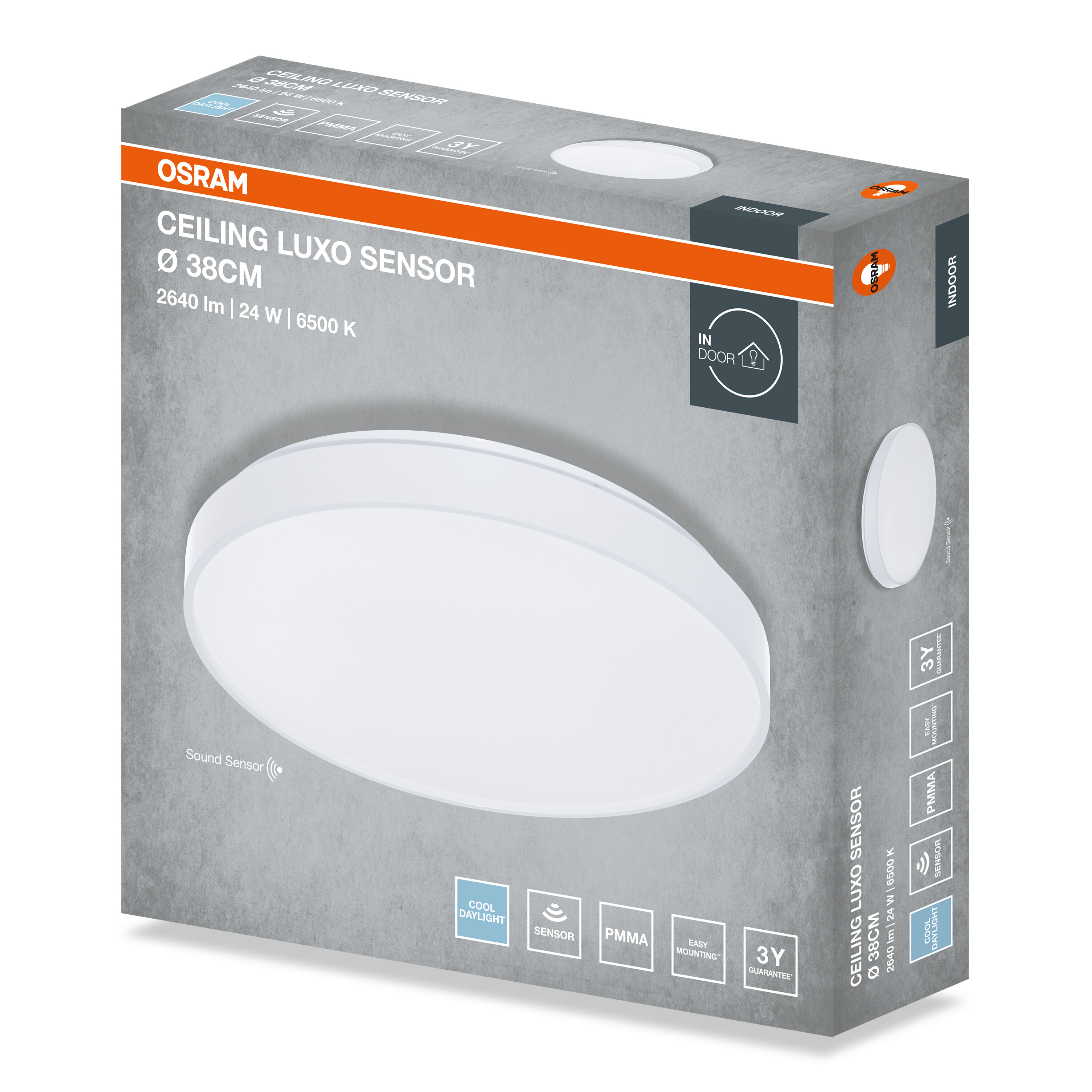 Szürke termékcsomagolás az OSRAM Ceiling Luxo Sensor LED mennyezeti lámpához, 38 cm átmérővel.