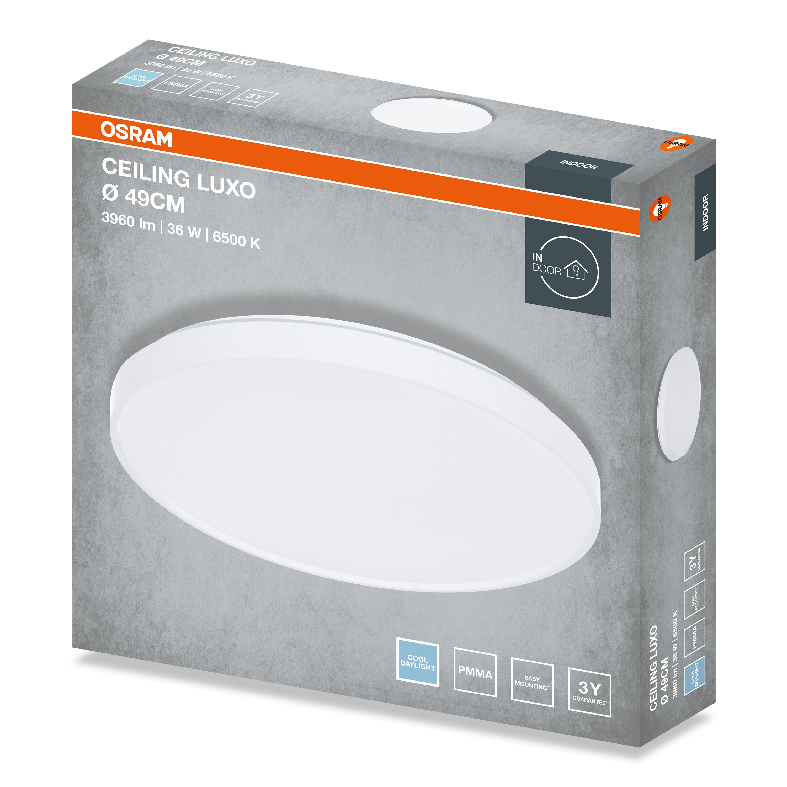 Az Osram Ceiling Luxo LED mennyezeti lámpa csomagolása termékadatokkal és a lámpa képével.