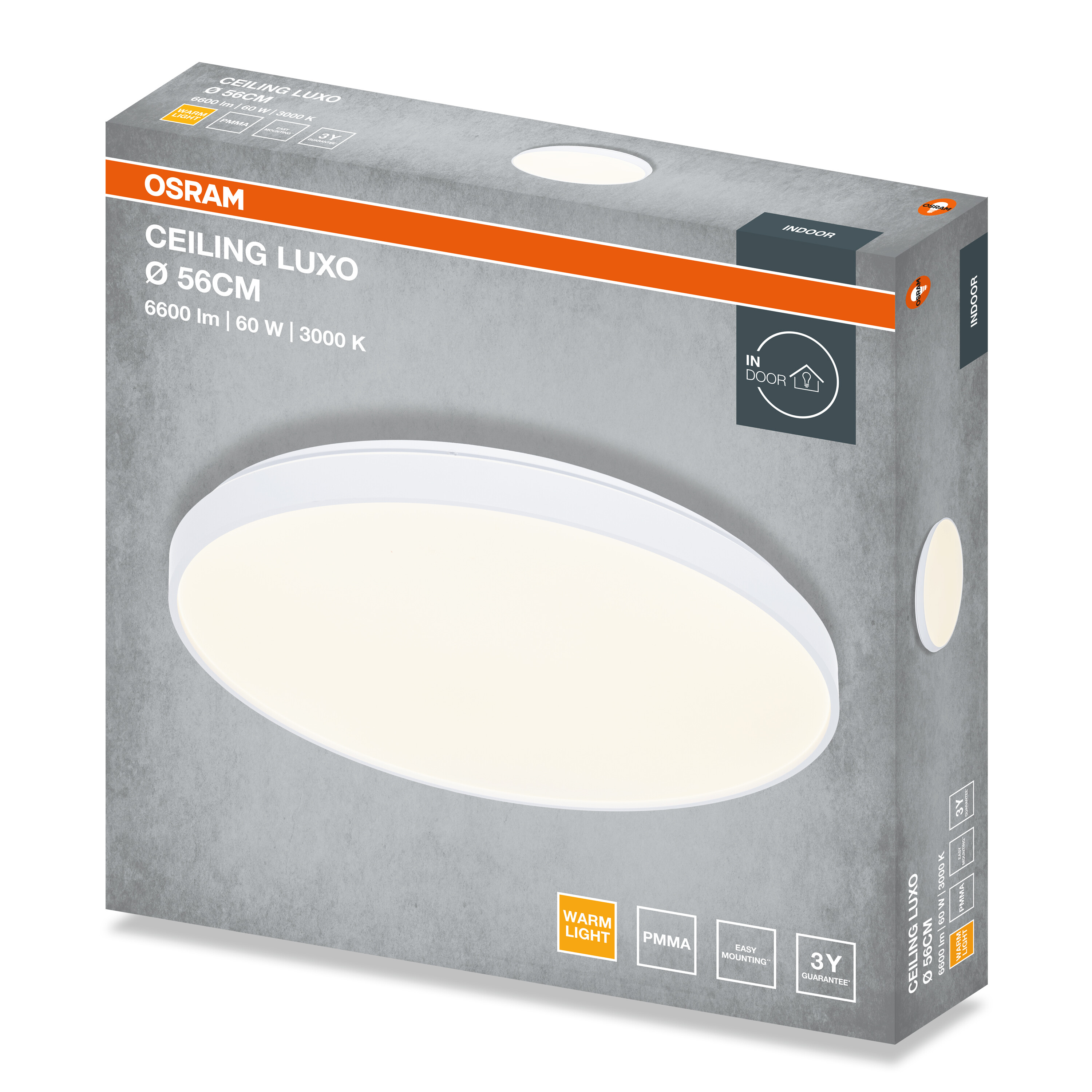 Szürke csomagolás az Osram Ceiling Luxo LED mennyezeti lámpához, termékinformációkkal és képpel az előlapon.